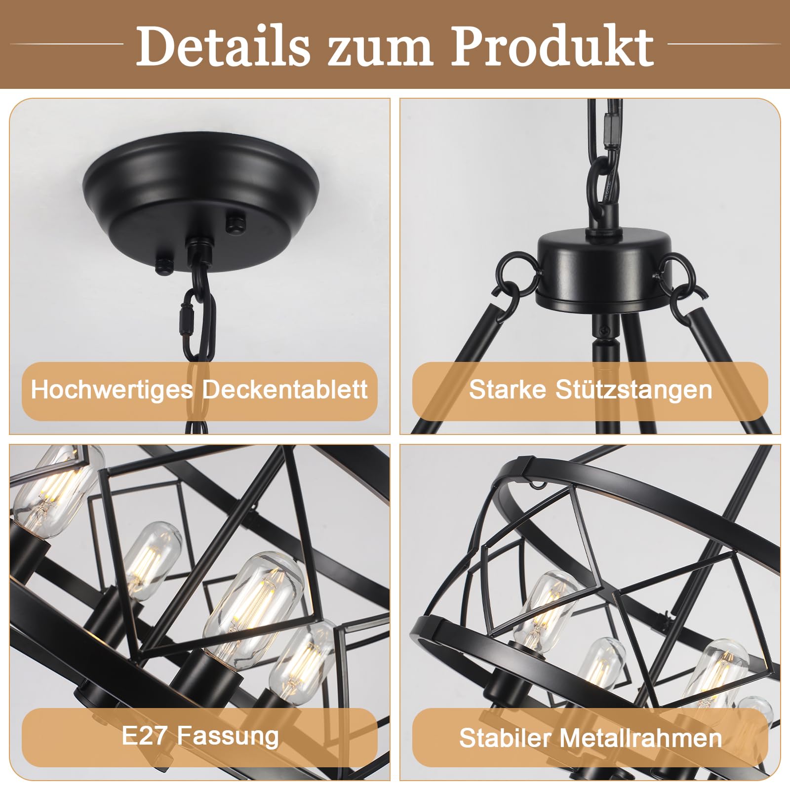 Kronleuchter Modern Schwarz 4 Flammig, Vintage Kronleuchter Hängelampe Wohnzimmer, Landhaus Industrie Deckenlampe Hängend Pendelleuchte für Esszimmer Flur Foyer Schlafzimmer