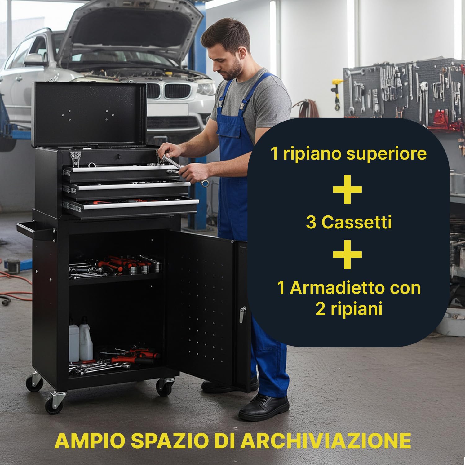 Carrello Officina Porta Attrezzi in Metallo - Banco da Lavoro Mobile con 3 Cassetti Scorrevoli e Armadietto con Serratura - 4 Ruote Girevoli e Maniglia Ergonomica - Organizer per Garage