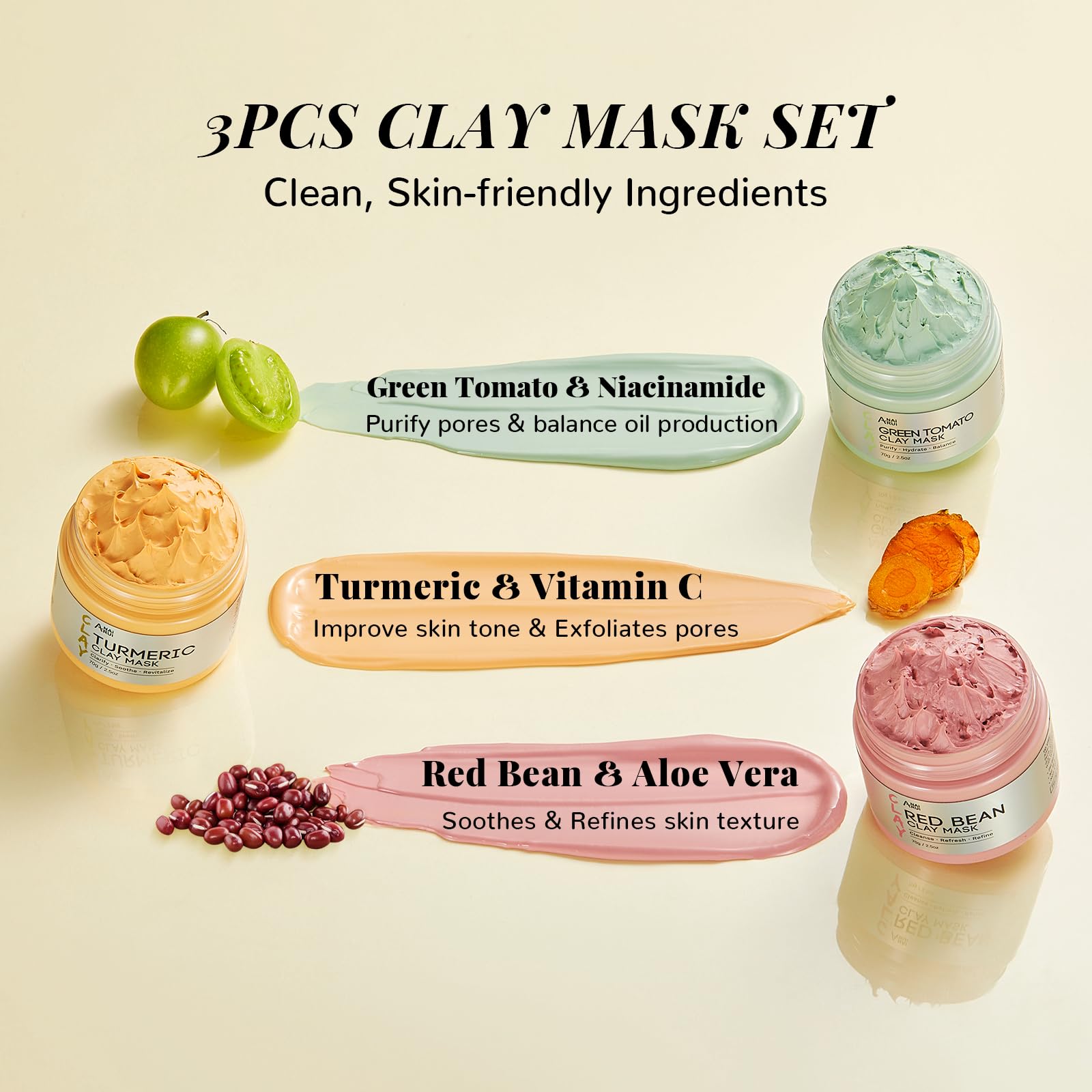ANAiRUi Clay Mask, Face Masks Skincare, Green Tomato Clay Mask + Turmeric Face Mask + Red Bean Refreshing Pore Mask - Image 3