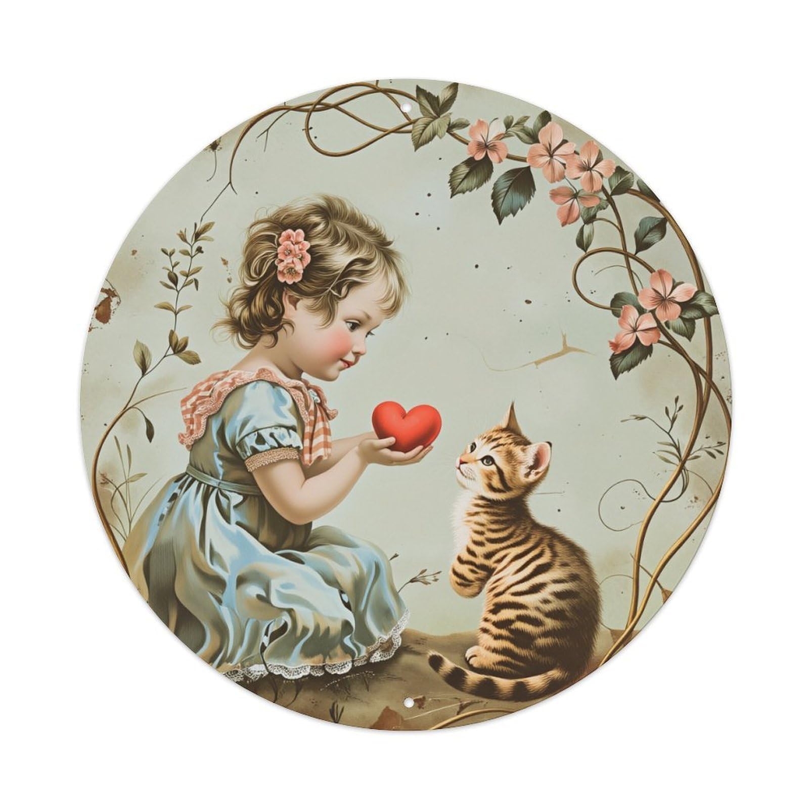 Girl Cat Heart Flowers Vine Round Tin Sign Vintage Metal Poster, Home Bar Garage Man Cave Cafe Indoor & Outdoor Wall Decoration 8x8Inches