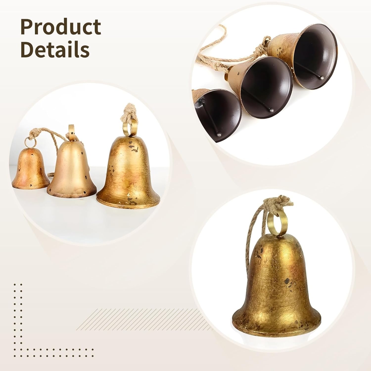 Set Of 3 Rustic Metal Christmas Bells In Antique Gold With Jute Rope, Large Hanging Bells For Holiday & Home Décor