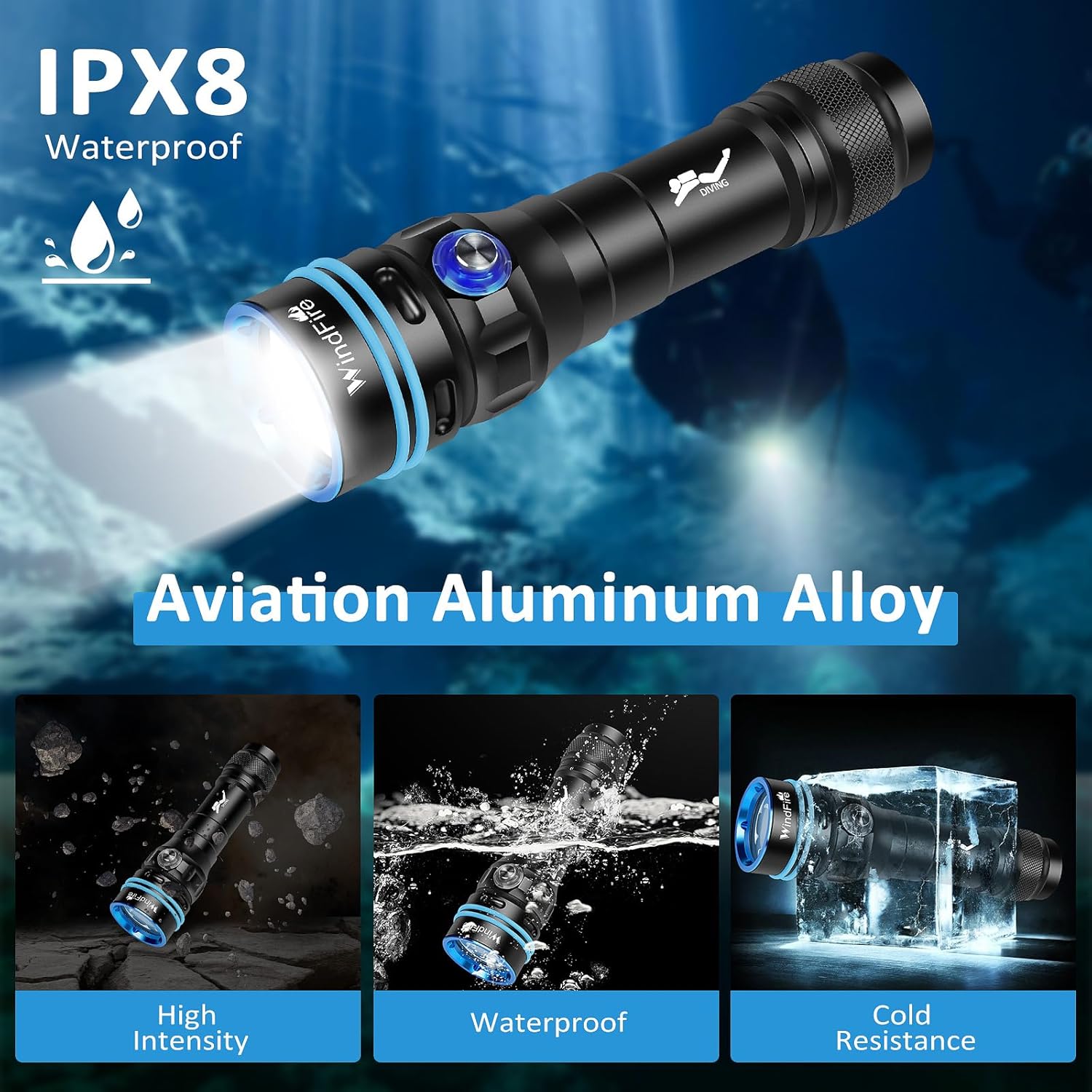 Scuba Diving Flashlight - Super Bright LED Dive Light by WINDFIRE, IPX8 Waterproof 50 m Underwater Torch with 4 Modes & Narrow Focus Beam for Night Diving & Snorkeling