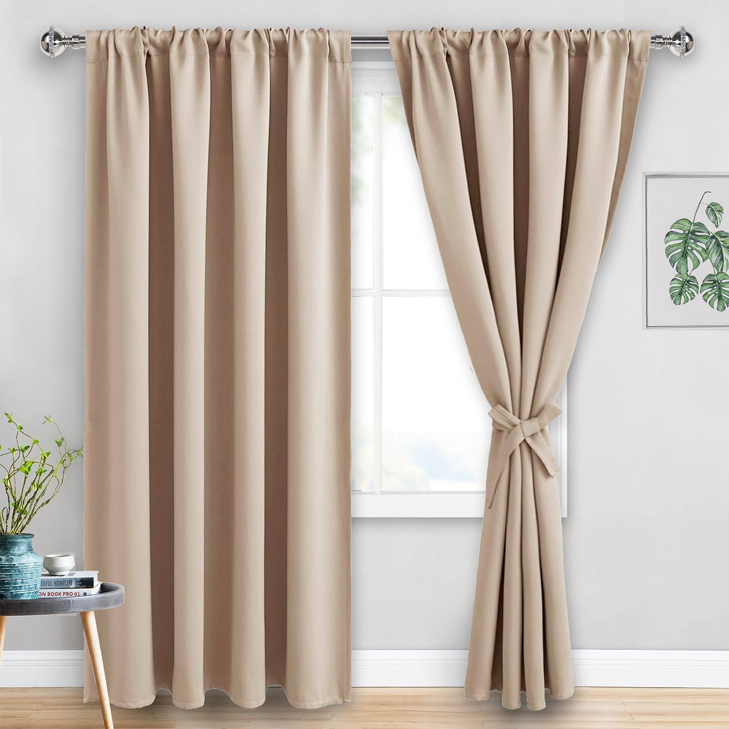 JIUZHEN Blackout Curtains for Bedroom - 60 Inch Wide Thermal Insulated Room Darkening Privacy Soundproof Curtains for Living Room, Set of 2 Panels with Tiebacks, 60 x 84 inches, Beige