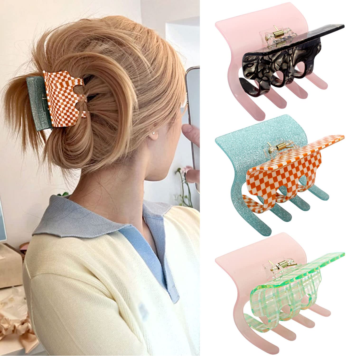Pinzas grandes para el cabello cuadradas para mujer, pinzas de pelo de tortuga, accesorios para el cabello, pinzas grandes abiertas para cabello largo y grueso (3 unidades, lado AB)