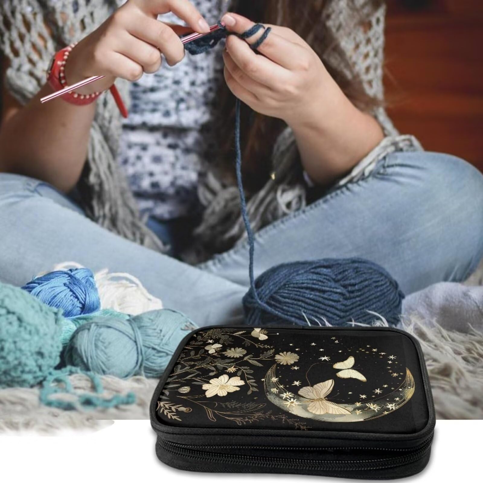 Bivxisrvo Moon Crochet Hook Case Portable Travel Crochet Hook Storage Bag, Crochet Hook Organizer Case Storage Bag for Knitting Needles and Other Accessories (Bag Only)