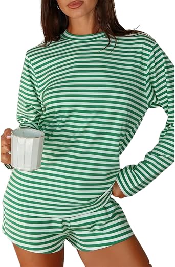 Usweetie Women 2 Piece Pajama Set Long Sleeve Striped Top and Shorts Lounge Sleepwear Pjs Set