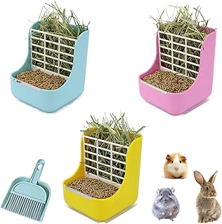 3pcs Rabbit Hay Food Bin Feeder, 2 in 1 Hanging Automatic Guinea Pig Hay Feeder Dispenser Grass & Food Bunny Bowl Manger Rack for Guinea Pig Rabbit Chinchilla with Mini Broom & Dustpan