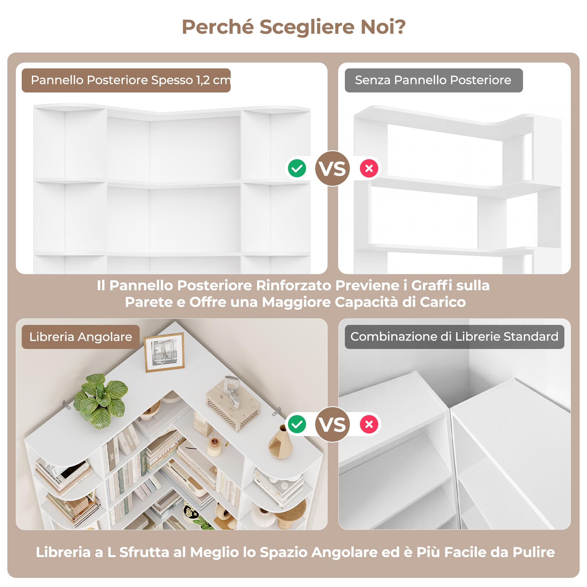 FirFurd 185cm Libreria Angolare, Libreria da Parete a 6 Ripiani, Mobile Angolare Soggiorno Salvaspazio a Forma di L, Vetrina con 18 Scomparti, per Studio, Soggiorno, Cucina, 80x84x185 cm (Bianco)