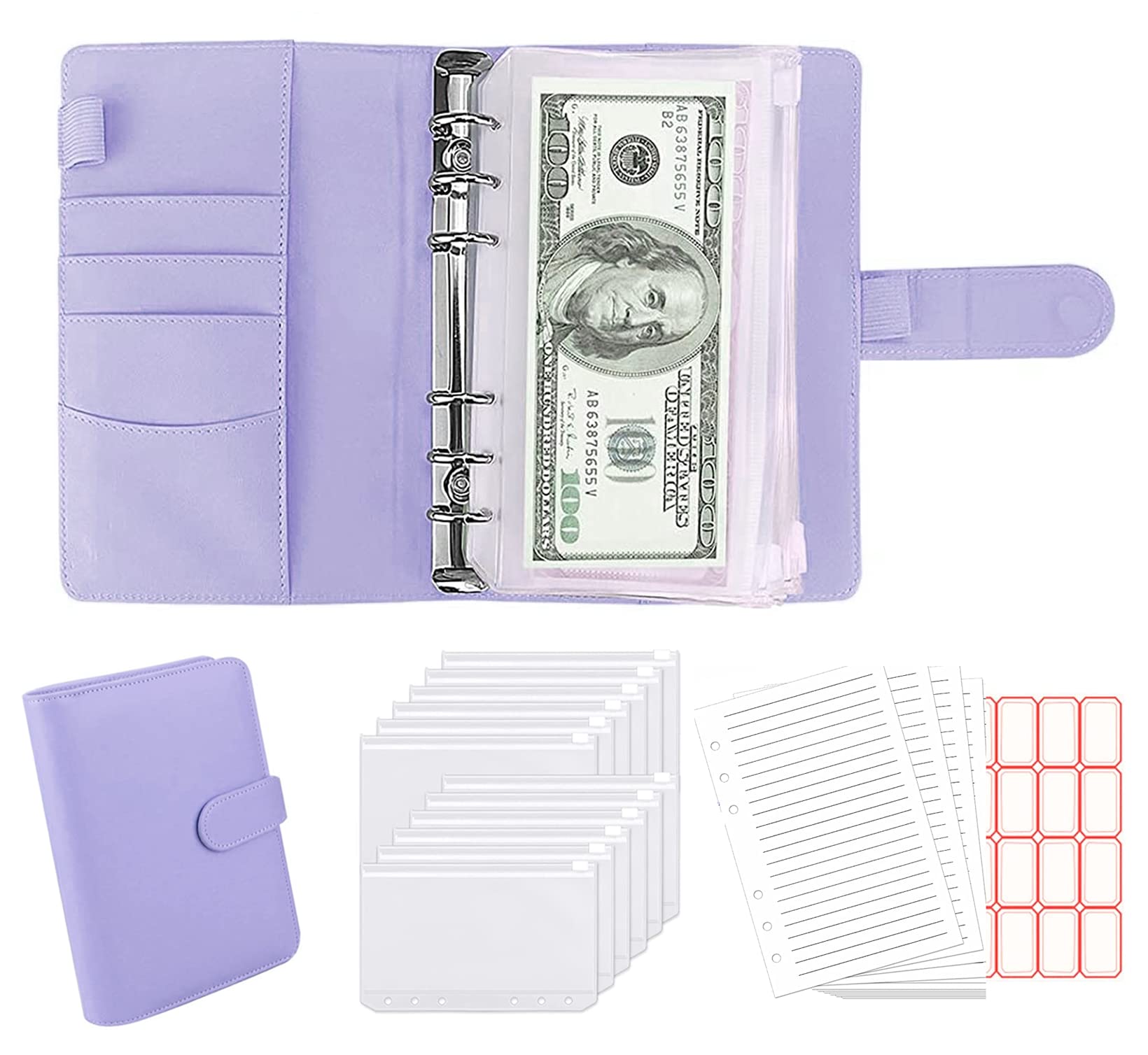 Longkins Budget Binder Notebook Organizer With Cash Envelopes, Money Saving Planner With Budgeting Pockets and Budget Sheets, Purple