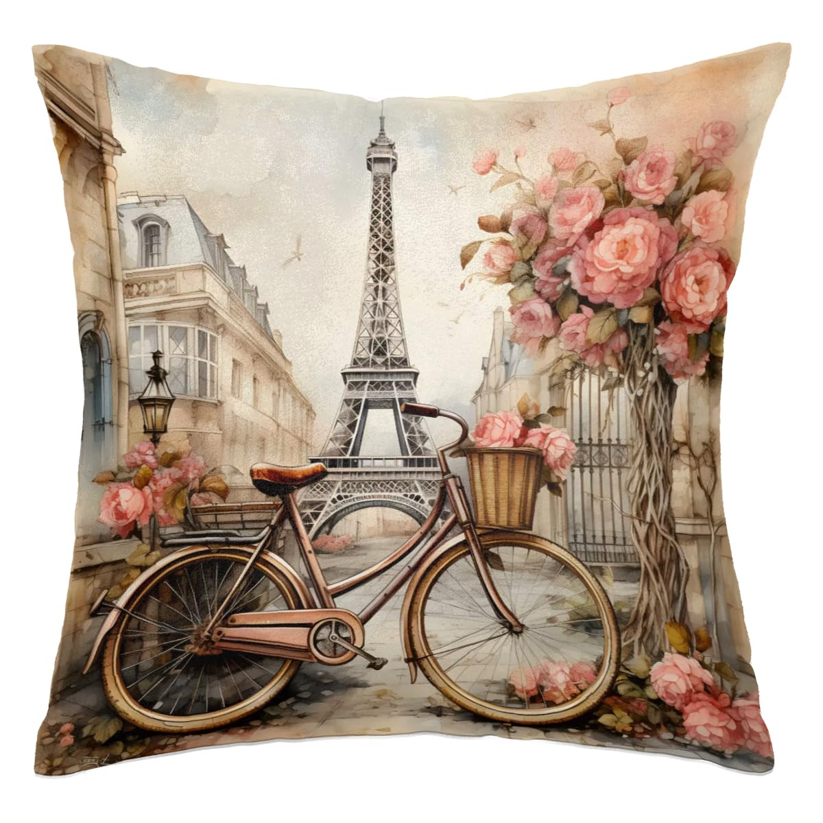 Gumuslen Paris Eiffel Tower Pillow Covers 16x16 Inch Bicycles Roses Throw Pillow Covers Square Pillow Cases Cushion Cover Pillowcase for Sofa Couch