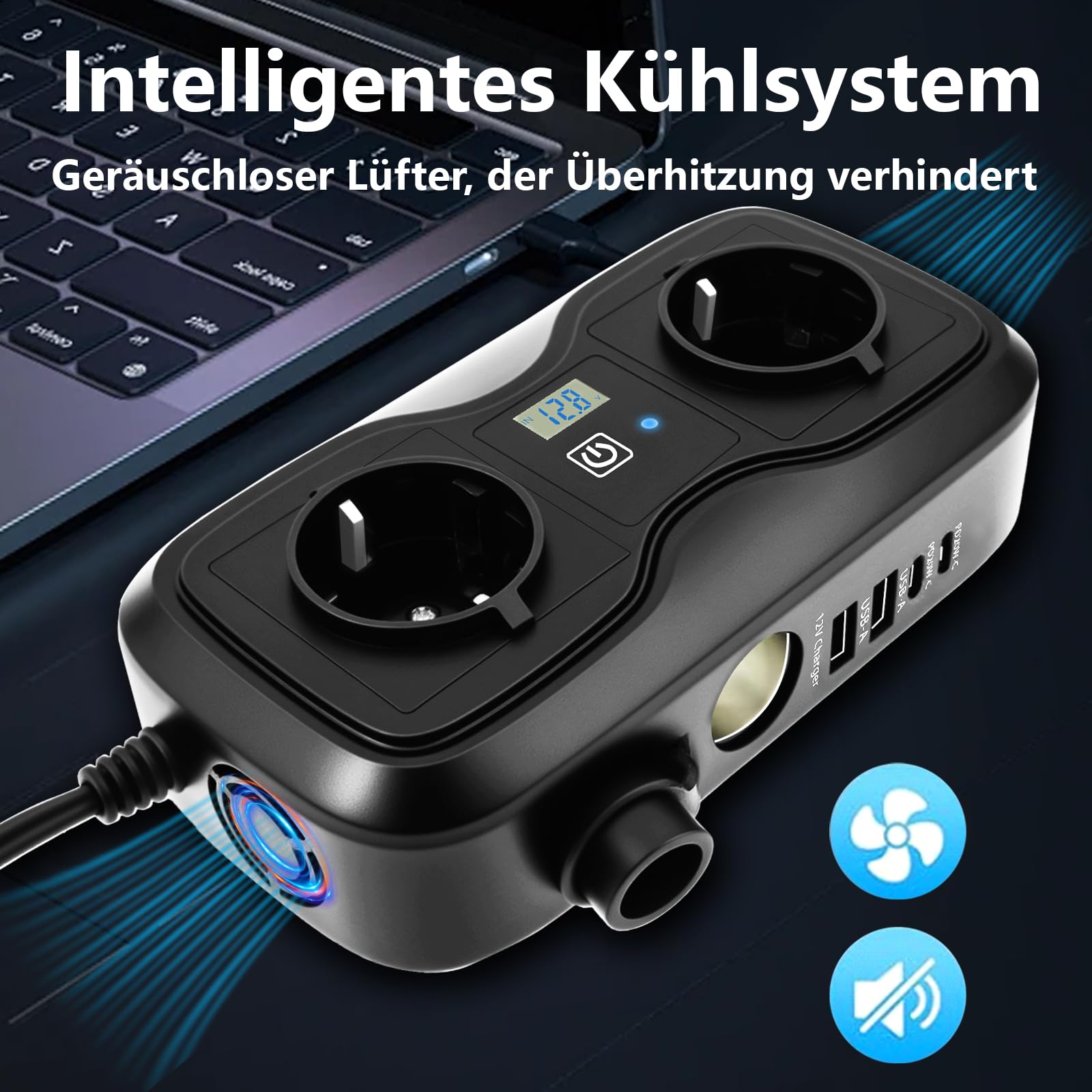 7 in 1 200W Wechselrichter 12V auf 220–230V, SZSSTH Spannungswandler Auto Steckdose 2 USB-A/2 Typ-C (5V 3A), Stromwandler mit Zigarettenanzünder Steckdose Power Inverter für Handys, Laptops, Campen