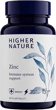 Higher Nature Zinc Supplements - 90 Tablets | Immune System, Cognitive Function & Fertility Support, Gluten Free, Vegetarian & Vegan