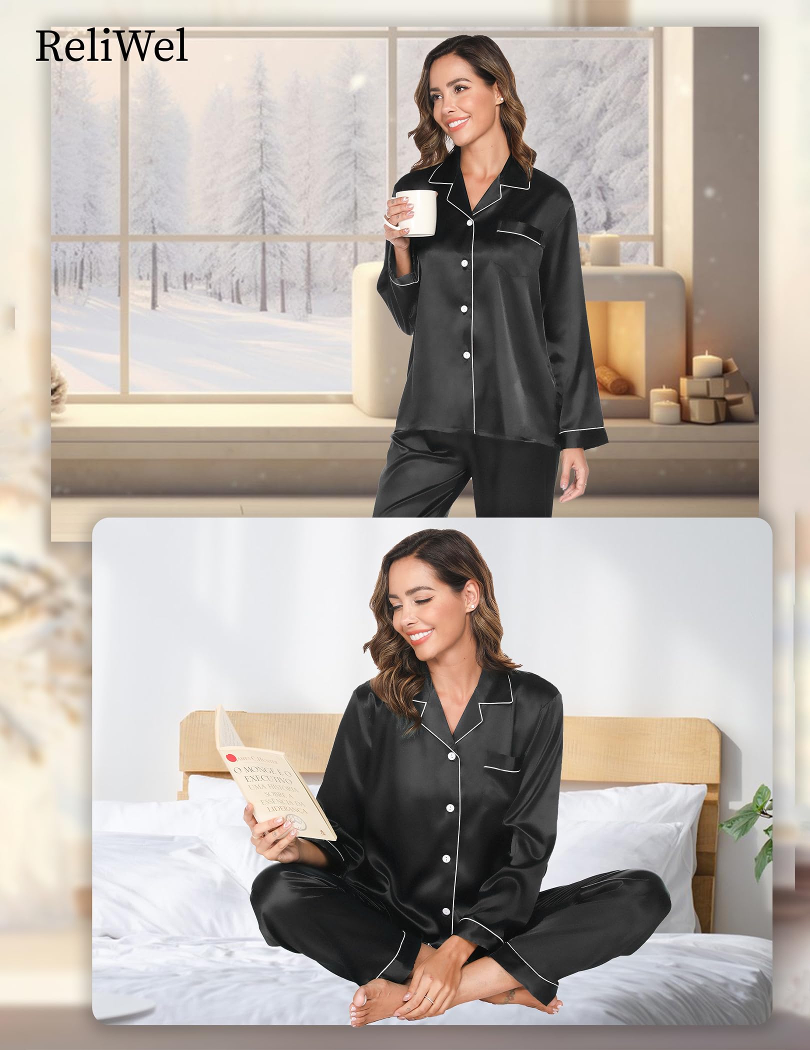 Conjunto de Pijama Seda Mujer 2 Piezas Manga Larga con Botones Ropa de Dormir Satén Ropa de Noche Largo Pantalón Pijama Botones Mujer Loungewear S~XXL
