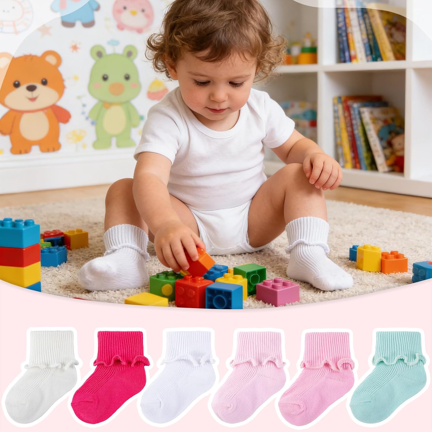 Baby Girls Turn Cuff Ruffle Socks Cotton Infant Ankle Dress Socks | 6-pack seamless cotton princess socks, perfectly fitting newborn babies, infants, and toddlers from 0 to 3 years old.
