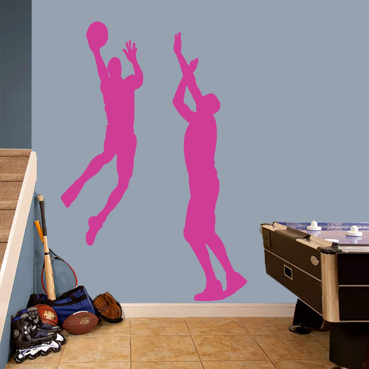 Basketball Players Wall Decal, Players Sports Silhouette Sticker Set for Nursery, Kids and Teens, Bedroom, Man Cave, Den | Large | Hot Pink | Select Your Color