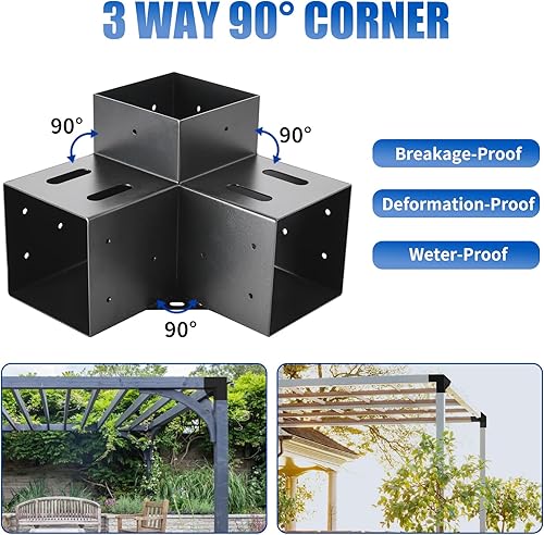 Miniatura 4 de Nrspp Soporte para pérgola, kit de pérgola de 4 x 4, soporte de esquina de ángulo recto de 3 vías con recubrimiento de polvo negro, kit de pérgola