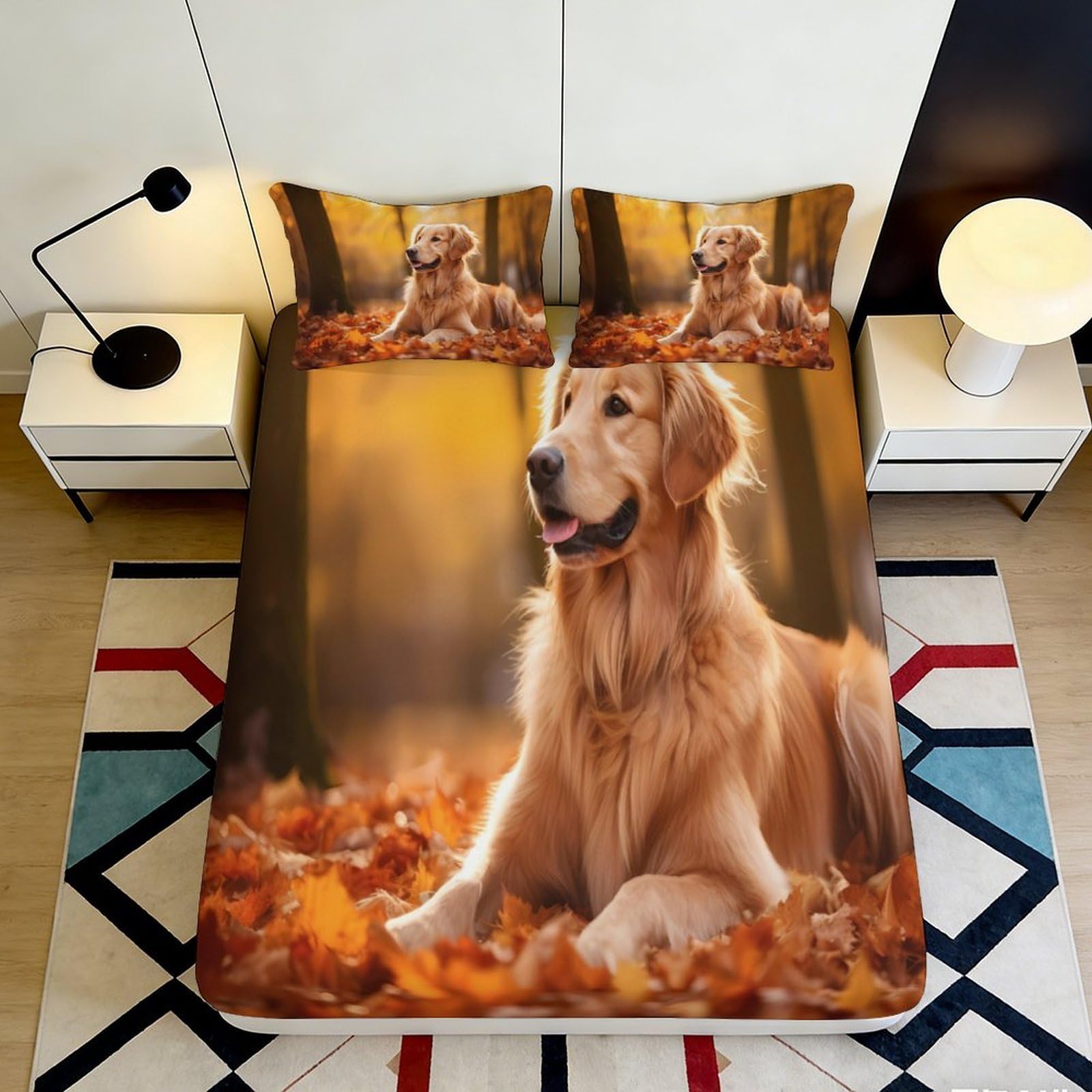 3D Printed Golden Retriever Autumn Leaves Fitted Sheet Microfiber Soft Bed Sheet for Bedroom Dorm Room Decor 120x200cm 120x200x25cm