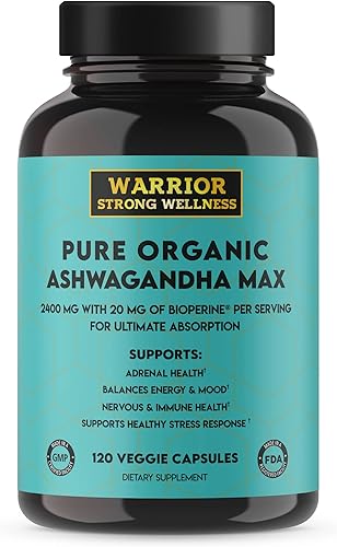 Cápsulas orgánicas puras de Ashwagandha con bioperina - 2400 mg - 120 cápsulas - Respuesta saludable al estrés y aumento del estado de ánimo, salud