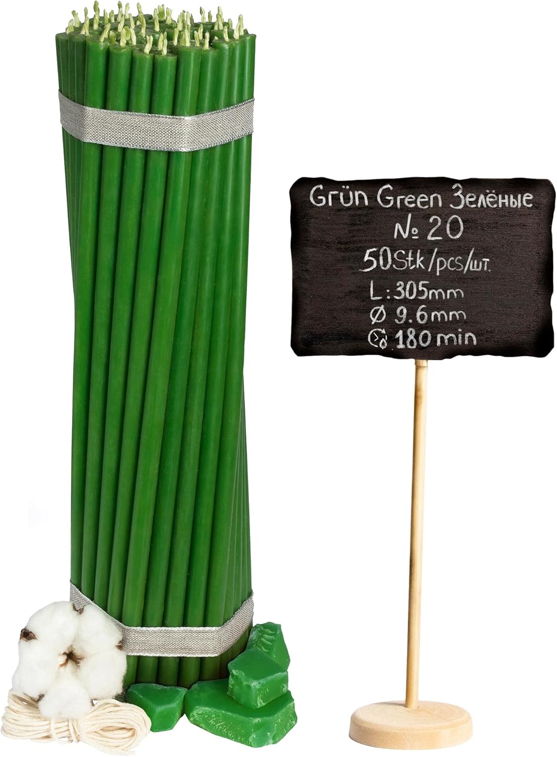 ecclesiastical Beeswax Candles - 50 pcs. I Ritual Candles L-12.0 in, Ø-0.38 in I 180 min Burning time in Green I Thin Candles dripfree