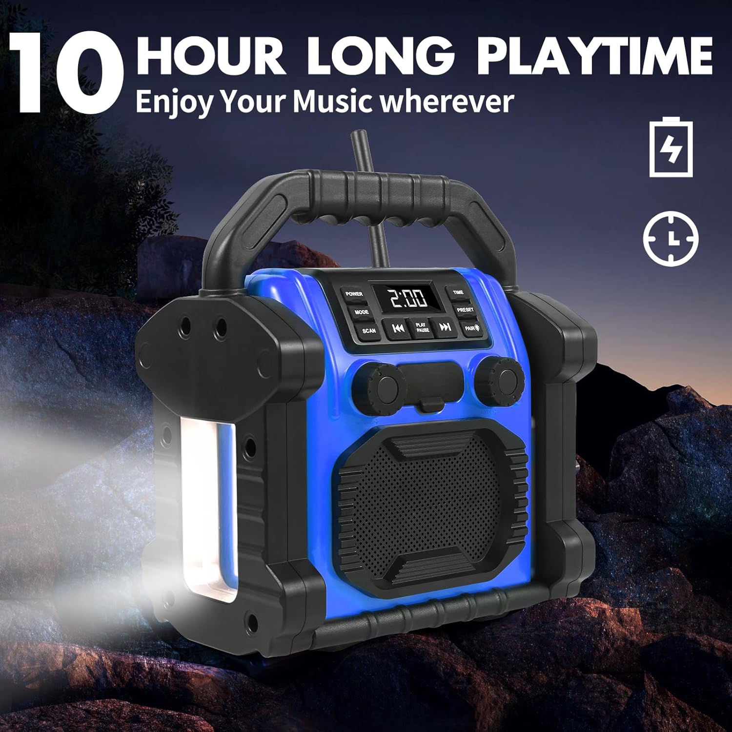 Bingxue P250 speaker outdoors at dusk, highlighting its long battery life and LED light.