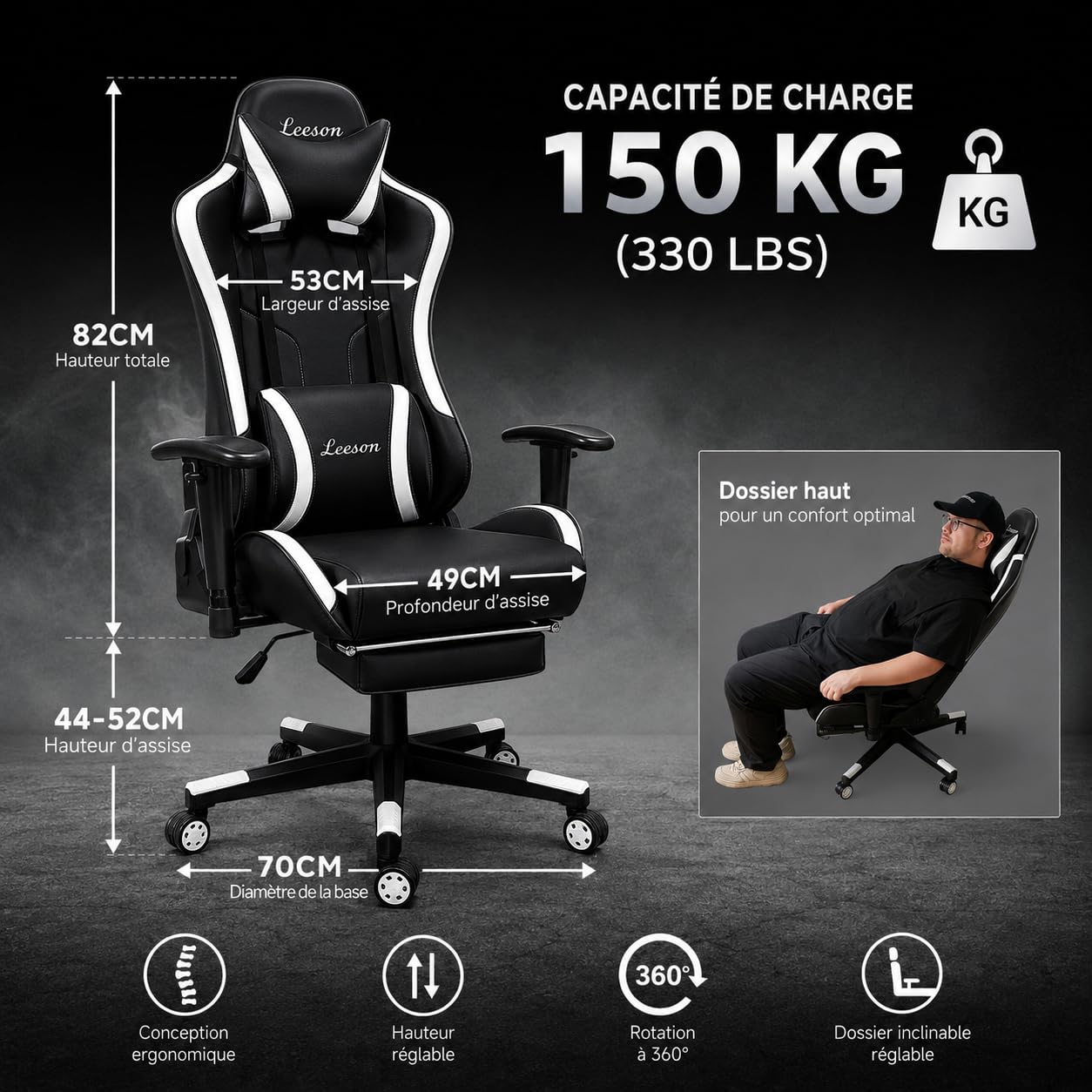 Chaise Gaming pour Adultes, Chaise Bureau Gaming, Chaise de Bureau Ergonomique avec Repose-Lombaire, Appuie-Tête, Repose-Pieds et Rotation 360° (Noir)