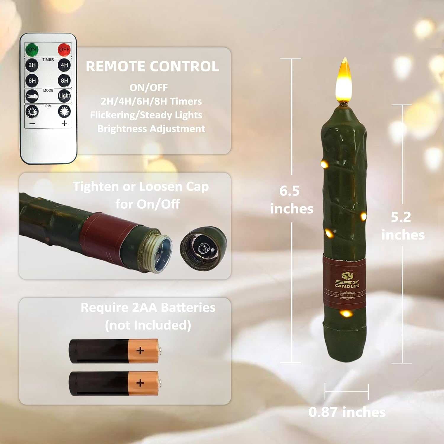 6.5 inch Olive Green Flameless Candle with String Light Window Candles with Remote Timer Battery Operated Taper Candle LED Taper Candles Set of 4