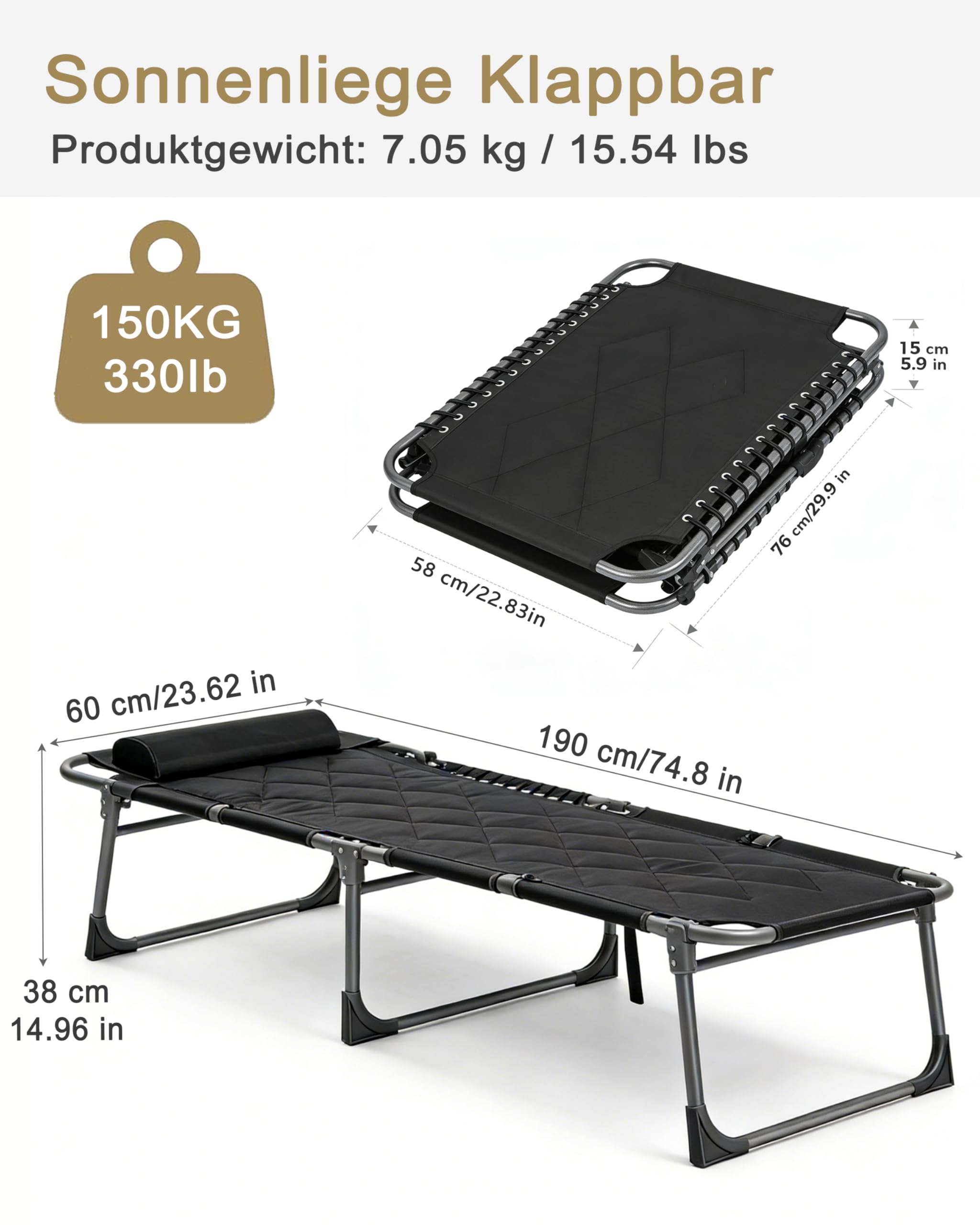 Sonnenliege Klappbar 5-Verstellbarer Rückenlehne, Gartenliege Klappbar mit Kopfkissen & Seitentasche, Liegestuhl Strandliege für Balkon Strand Campingliege Outdoor Indoor, Bis 150kg