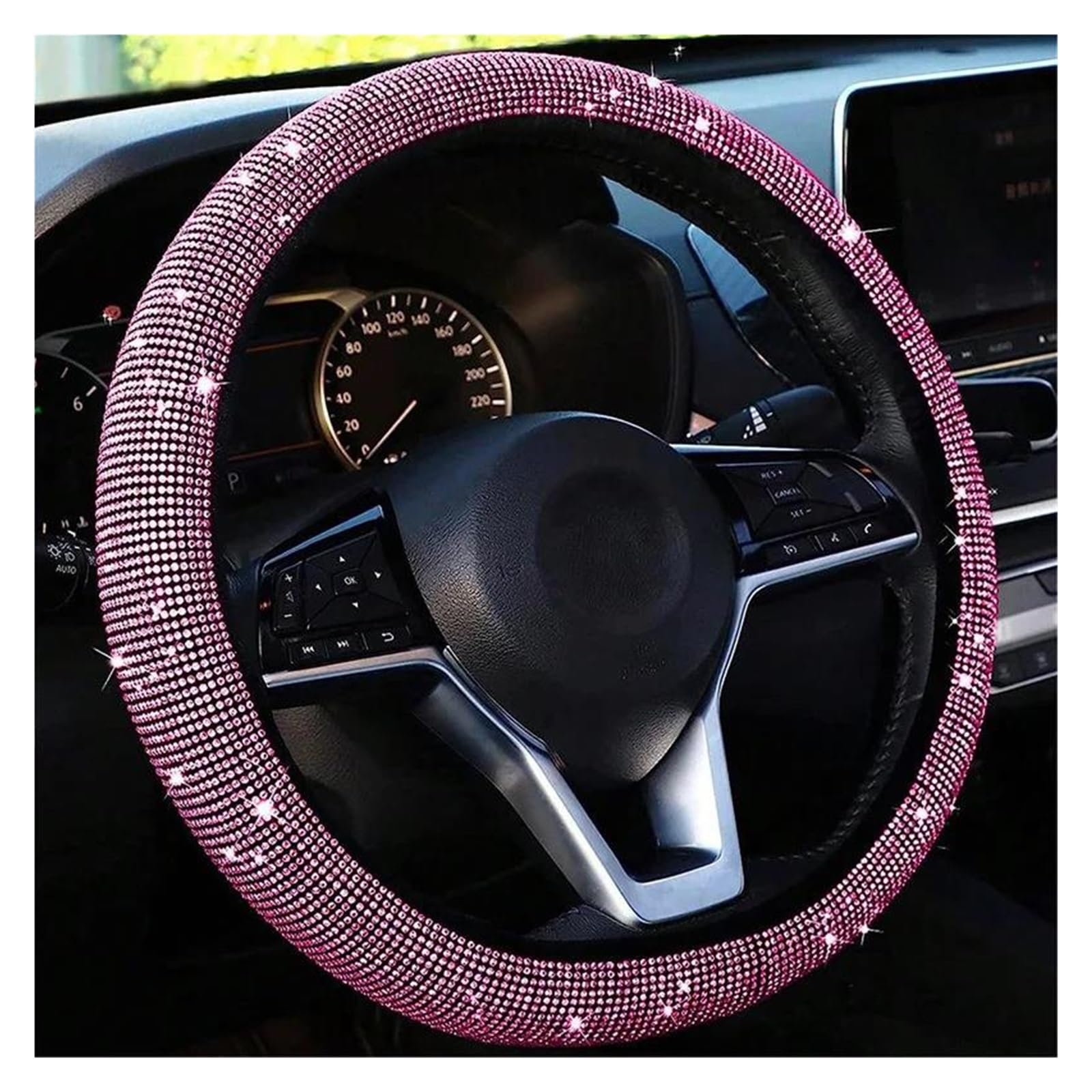 Funda Volante Coche Protector Universal para Volante Coche Protector Universal De 38 CM Cuero PU con Cristales Brillantes Y Diamantes, Accesorios De Interior De Coche Cubierta para Volante(Pink)