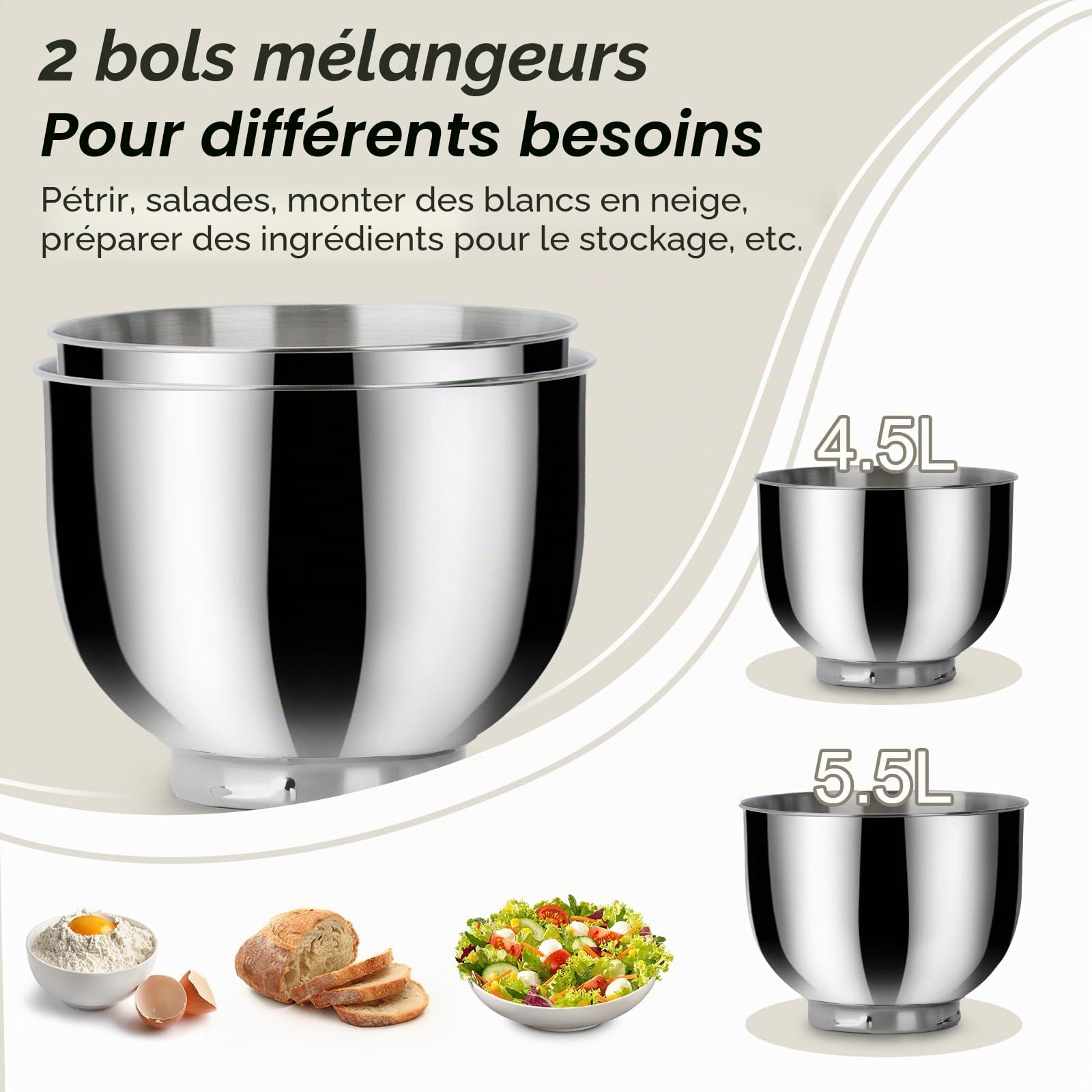 Robot Patissier CHeflee,1500 W Robot Pâtissier,avec Bol en Acier Inoxydable de 4,5 et 5,5 L,10+P Vitesse,avec Crochet Mélangeur, Crochet Pétrisseur,Fouet et Protection Anti-Eclaboussures (Dore）