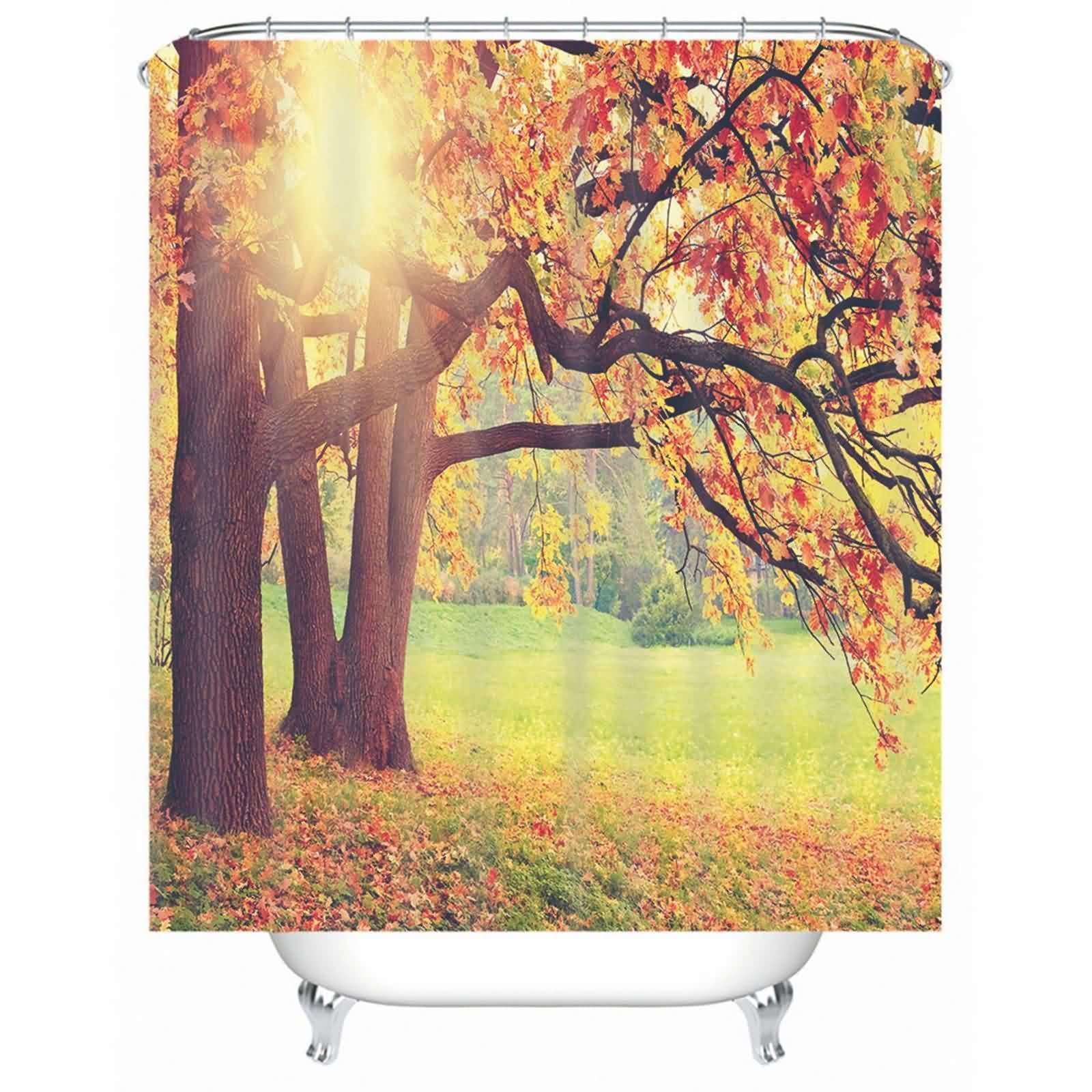 Rideau de douche arbre et soleil orange pour illuminer votre salle de bain automnale