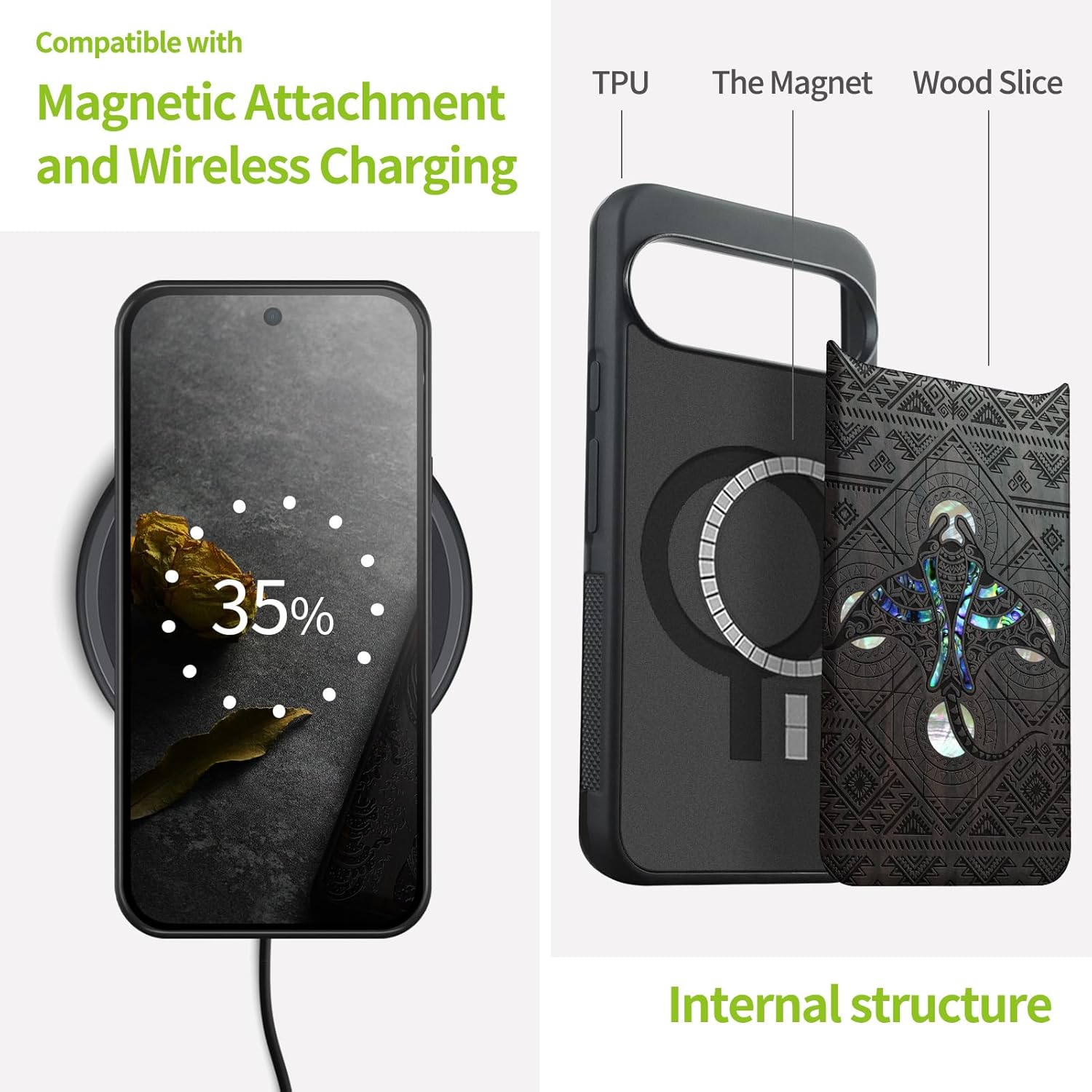 Carveit Magnetic Wooden Case for Google Pixel 10 Pro XL Case, Wood Artisan Engraved & Handmade Shell Inlaid, Compatible with MagSafe Wireless Chargers, The Tribal Manta Rays - Blackwood