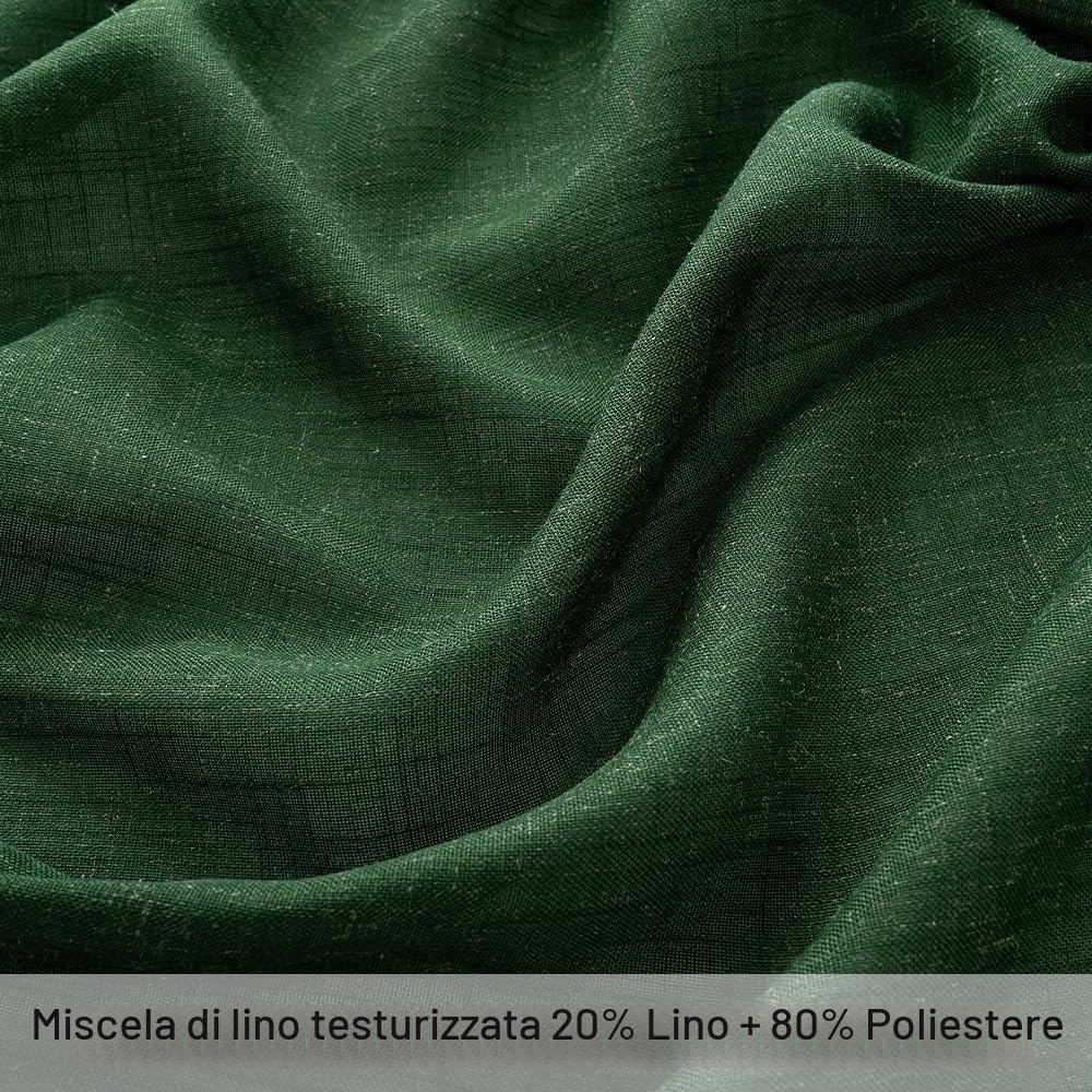 MIULEE Tende lino traslucido passanti 2pz L140xA225 Verde scuro | Tende traslucide effetto lino con passanti metallici, leggere e moderne, adatte per soggiorno, camera e cucina