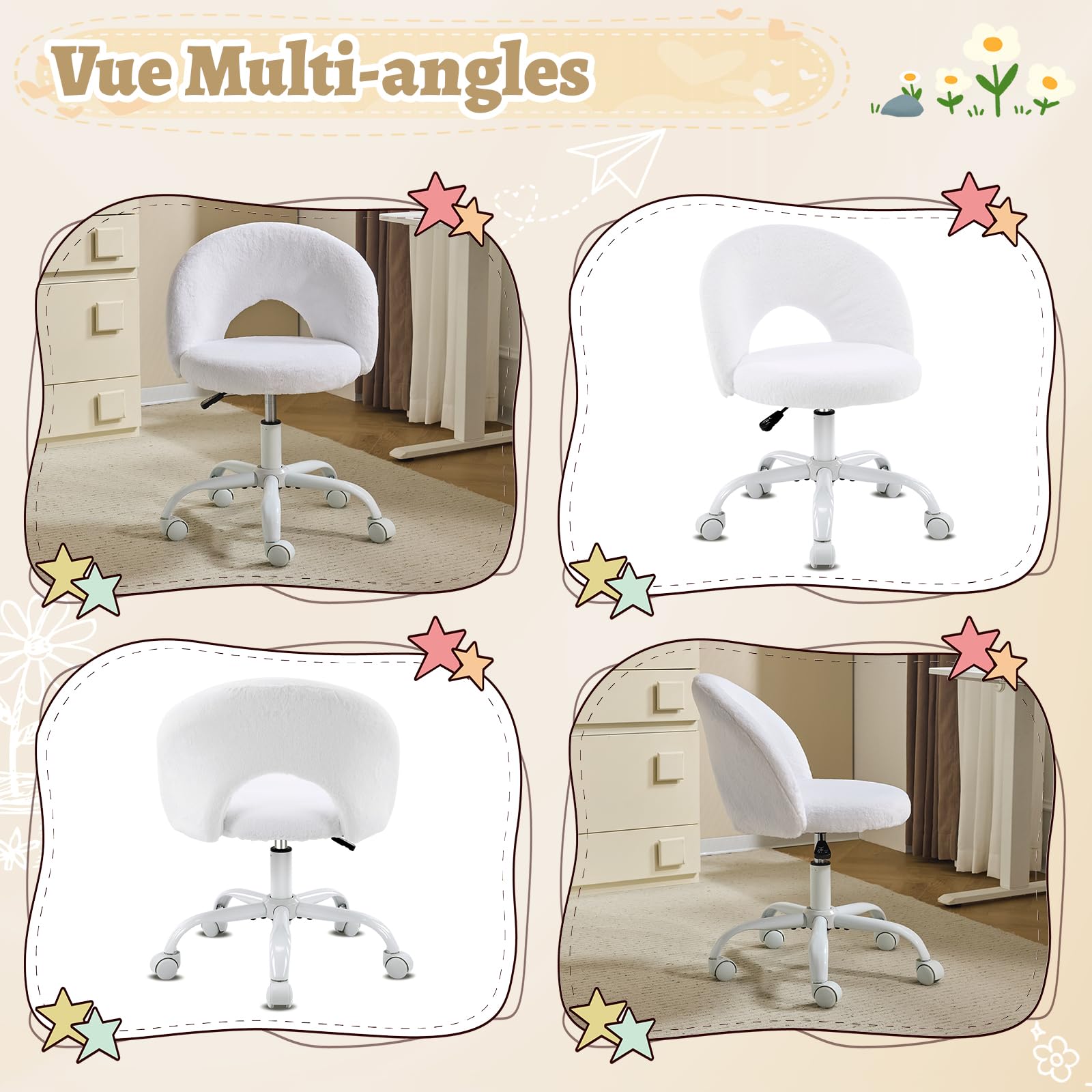 Bonnlo Chaise de Bureau Esthétique sans Accoudoirs, Petite Chaise Confortable, Fauteuil de Coiffeuse avec Support Lombaire, Chaise Pivotante pour Bureau, Chambre, en Fourrure de Lapin (Blanc)
