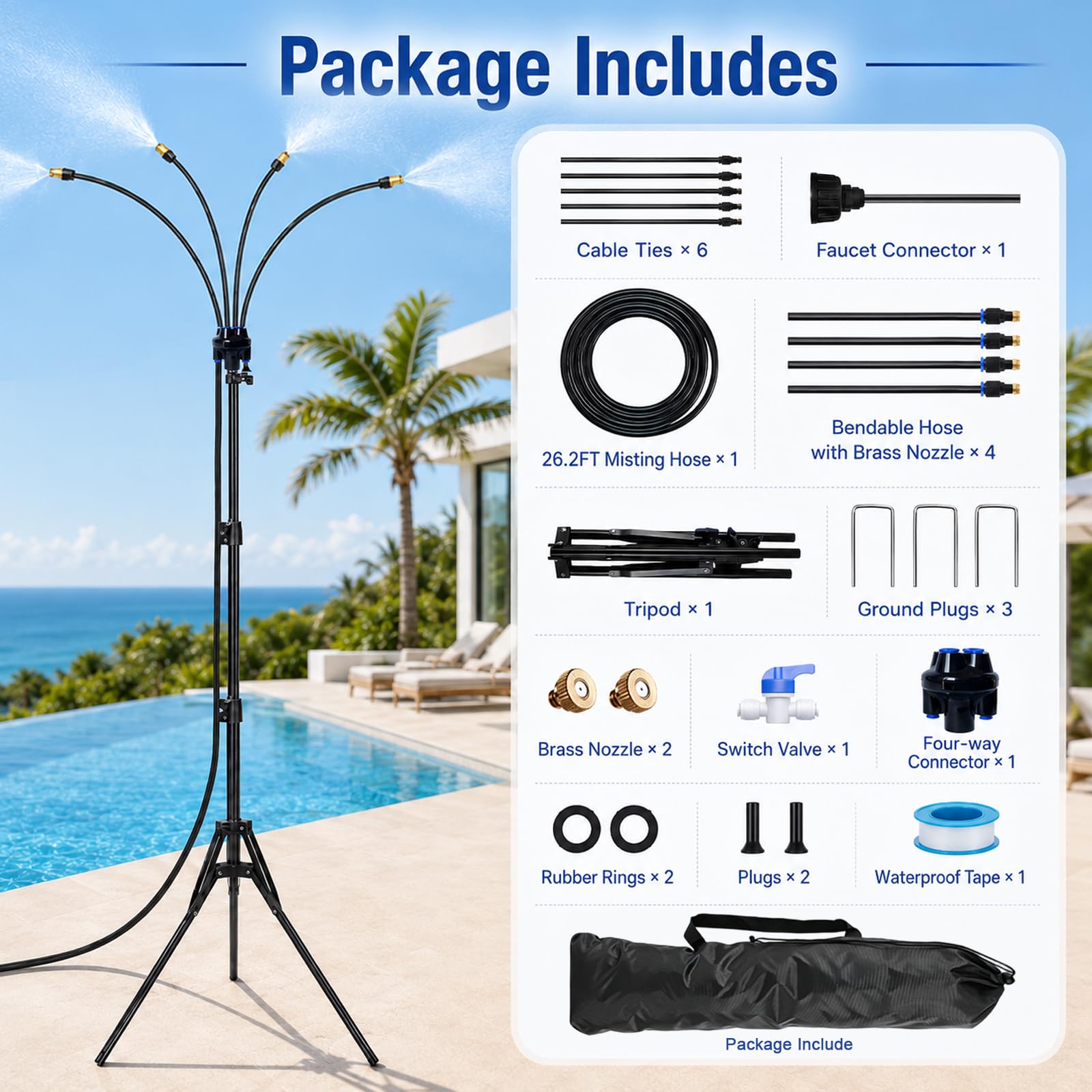 Brumisateur d'eau d'extérieur avec pied, nébuliseur portable pour refroidissement en plein air, avec tuyau de brumisation de 7,9 m et hauteur de 1,62 m, pour jardin, piscine, barbecue, irrigation et
