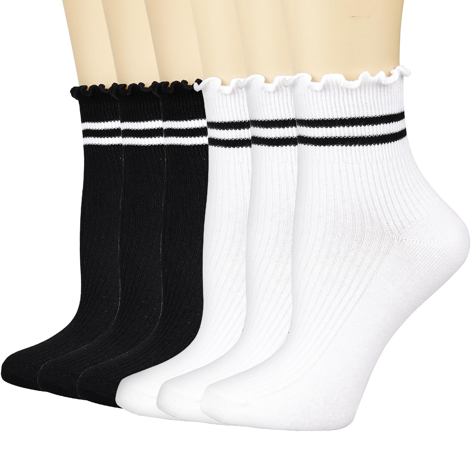 Mcool Mary Women's Ruffle Socks,Casual Cute Ankle Socks Warm Knit Cotton Classic Striped Trim Frilly Socks for Women 6 Pack