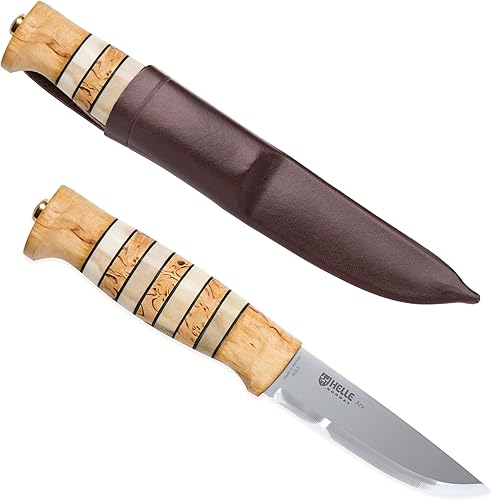 HELLE Cuchillos Arv - Cuchillo de aventura al aire libre con funda, cuchillo de caza de hoja fija de acero inoxidable, mango de abedul rizado,