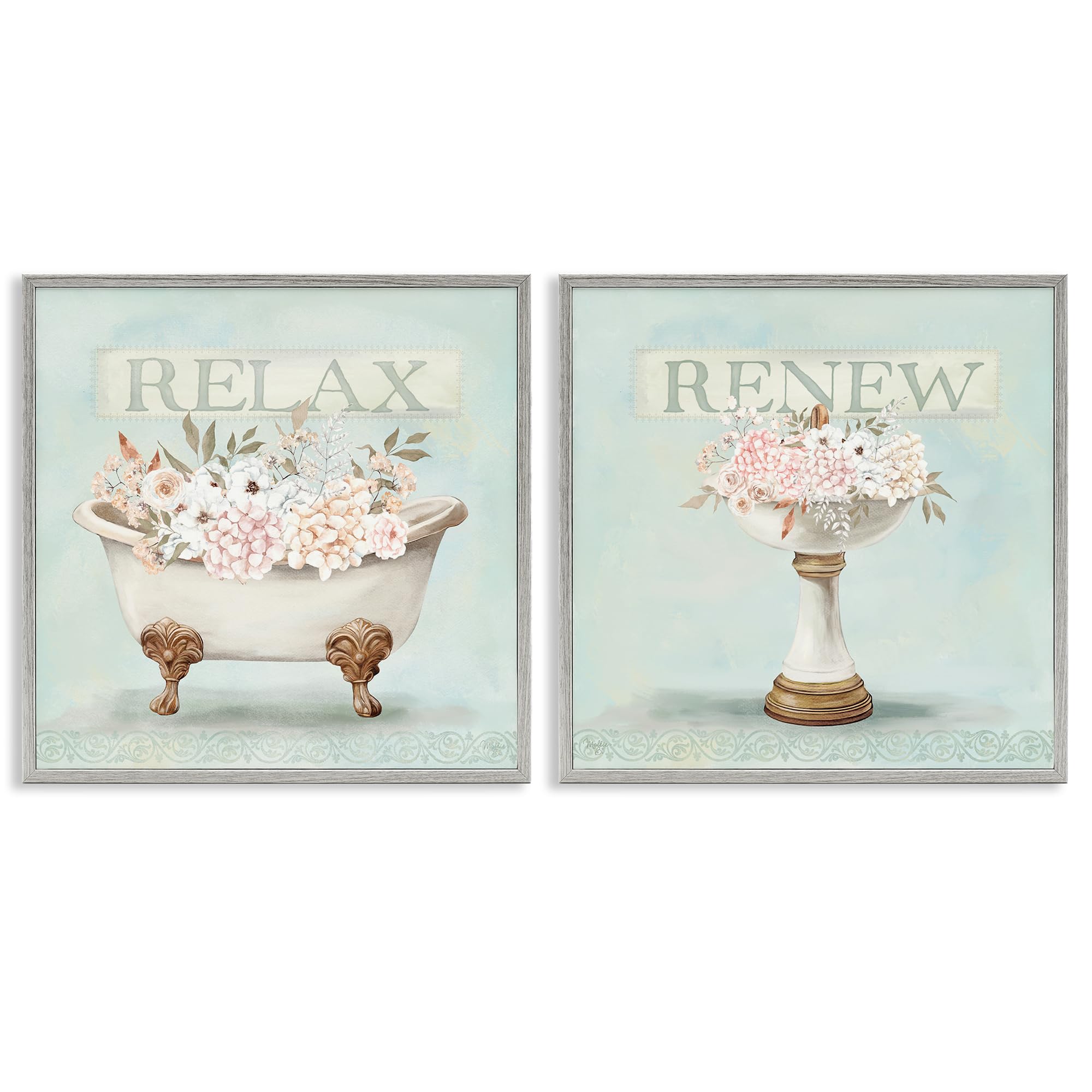 'Antique Florals Relax Renew'| 2pc Framed Giclee Art Set 2