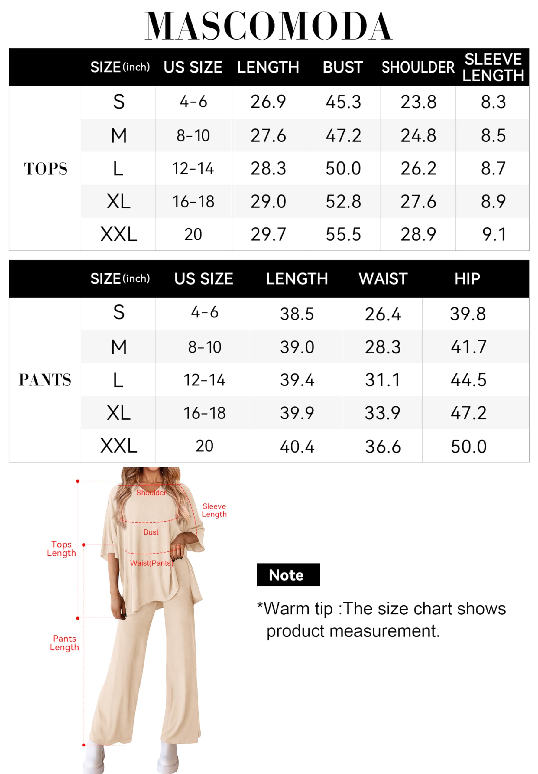 MASCOMODA Completo estivo da donna, 2 pezzi, a maniche corte, scollo a V, gamba larga, pantaloni lunghi, tuta casual