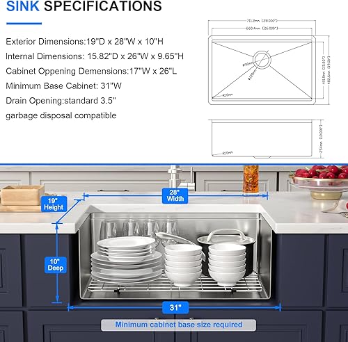 Miniatura 6 de Donsdey - Fregadero de cocina de 23 barras de 23 pulgadas x 18 pulgadas, de acero inoxidable cepillado de calibre 16, lavabo de fregadero para