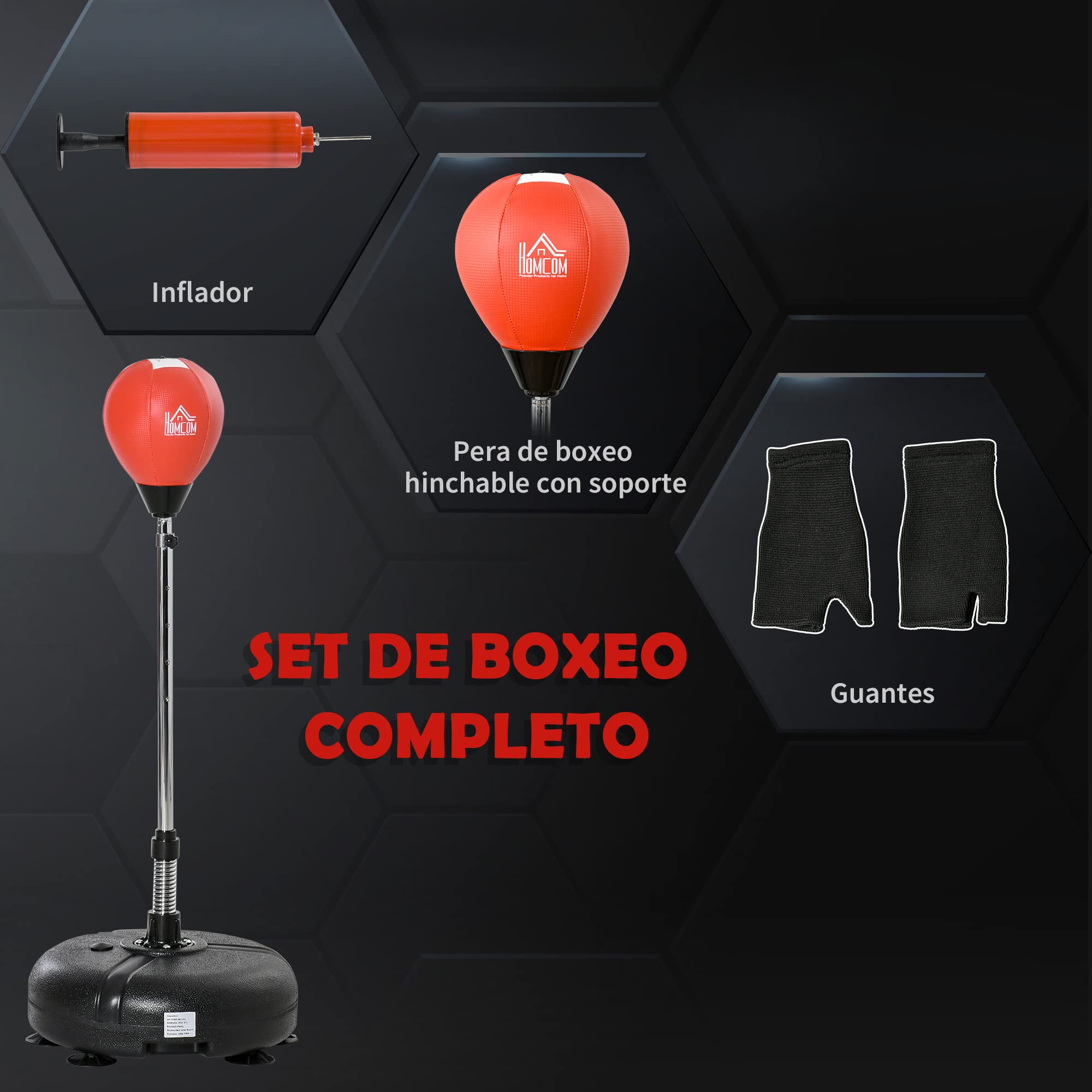 HOMCOM Saco de Boxeo de Pie con Altura Ajustable en 4 Niveles de 133-151 cm, Saco de Boxeo con Base Rellenable, Guantes e Inflador, para Adultos y Adolescentes