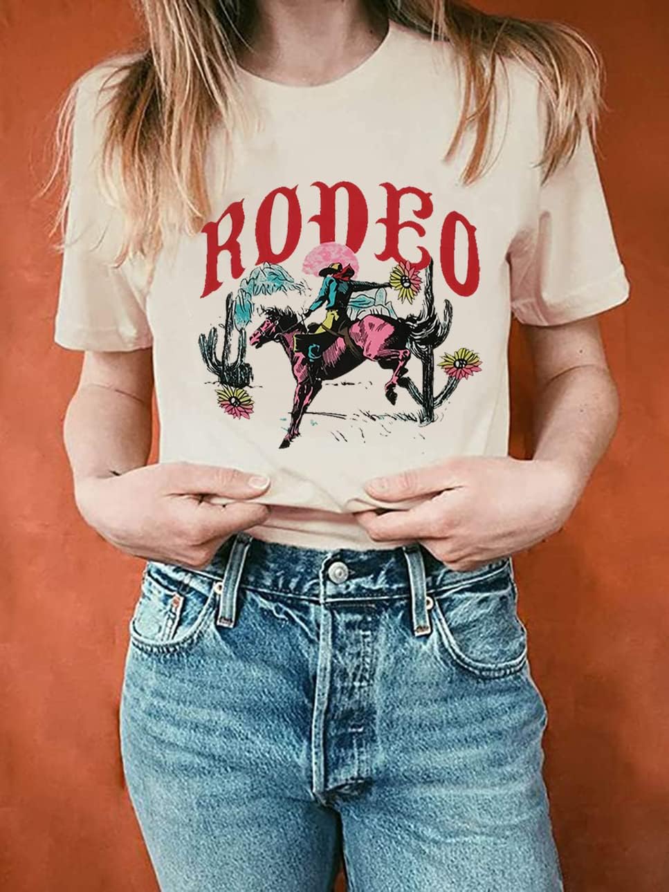 Western Cowboy T-Shirt for Women Cowgirl Rodeo Casual Shirts Vintage Desert Cactus Graphic Tee Tops - Image 2