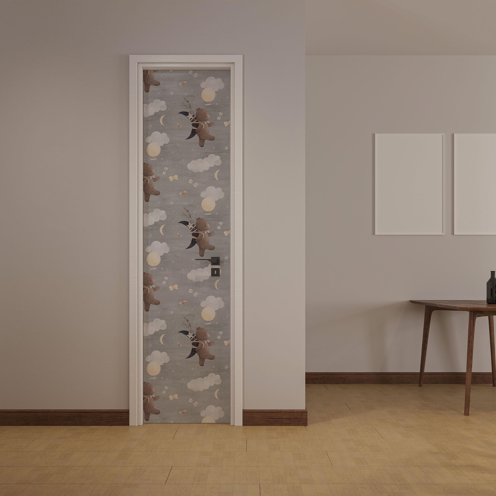 Selbstklebende Tapete Möbelfolie fliegender Teddybär Wolken Mond Sterne | fliegender Teddybär Wolken Mond Sterne Ballons Muster grau Töne traumhaftes Himmel Wanddesign für Kinderzimmer Babyzimmer