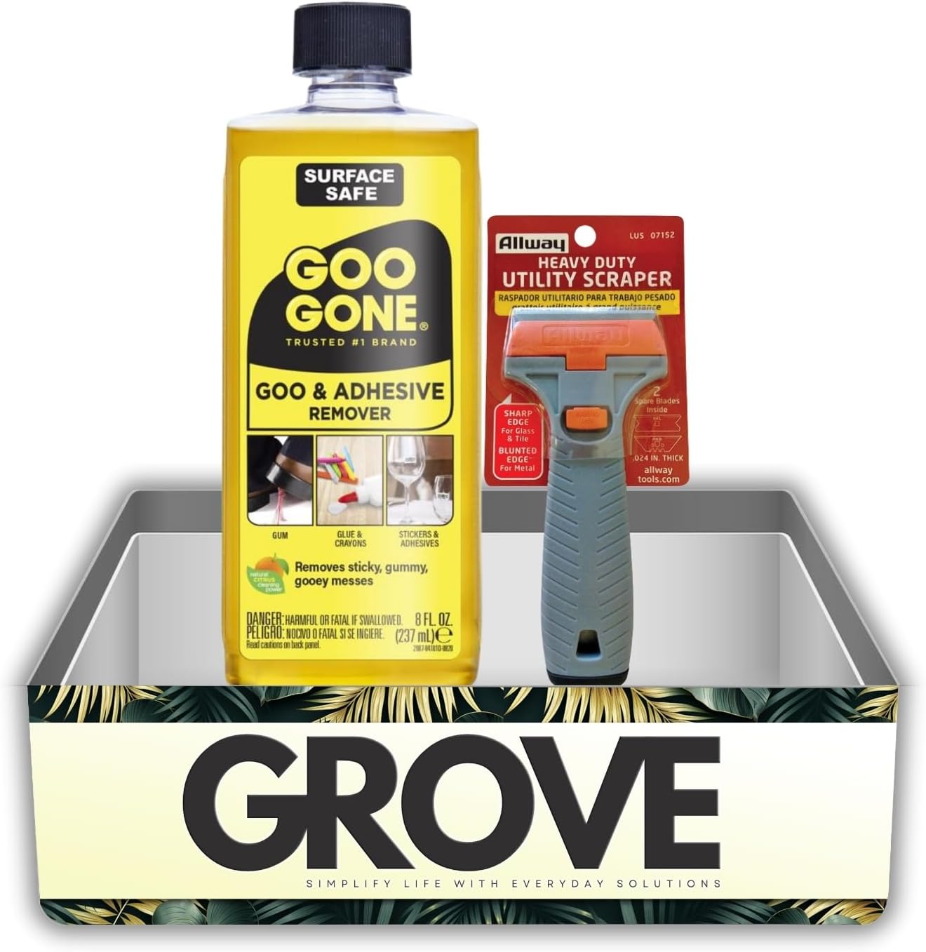 Goo Gone Adhesive Remover Spray 8 oz Bundle with Scraper – Removes Sticky Residue, Glue, Crayon, and Gum from Hard Surfaces with Precision – Gift Set (2 Items)