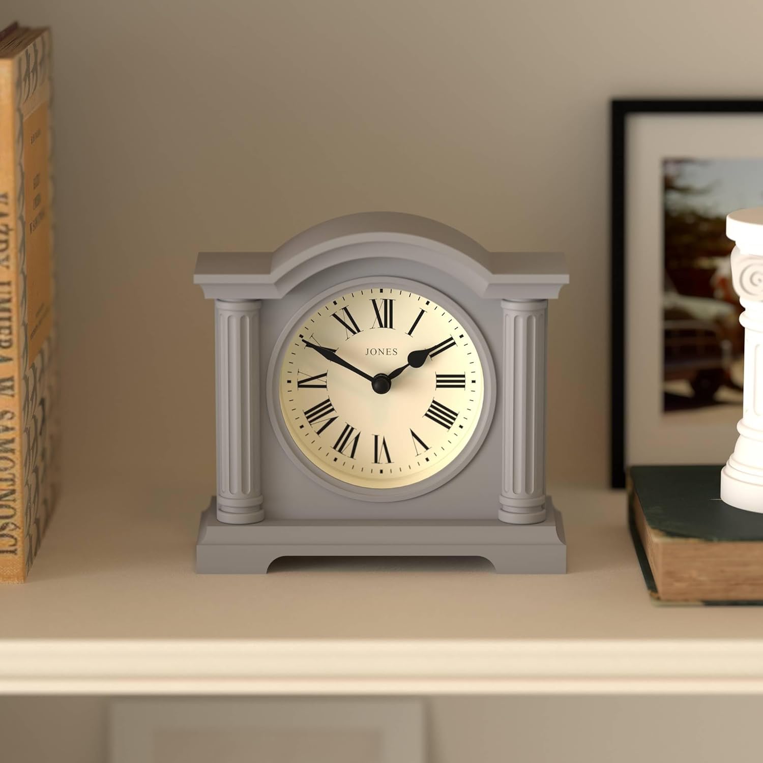 JONES CLOCKS® Kensington Mantel Clock | Small Classic Arch top Clock | Gray | Stylish & Contemporary | Ideal for Desk, Mantelpiece, Bookshelf or Bedside