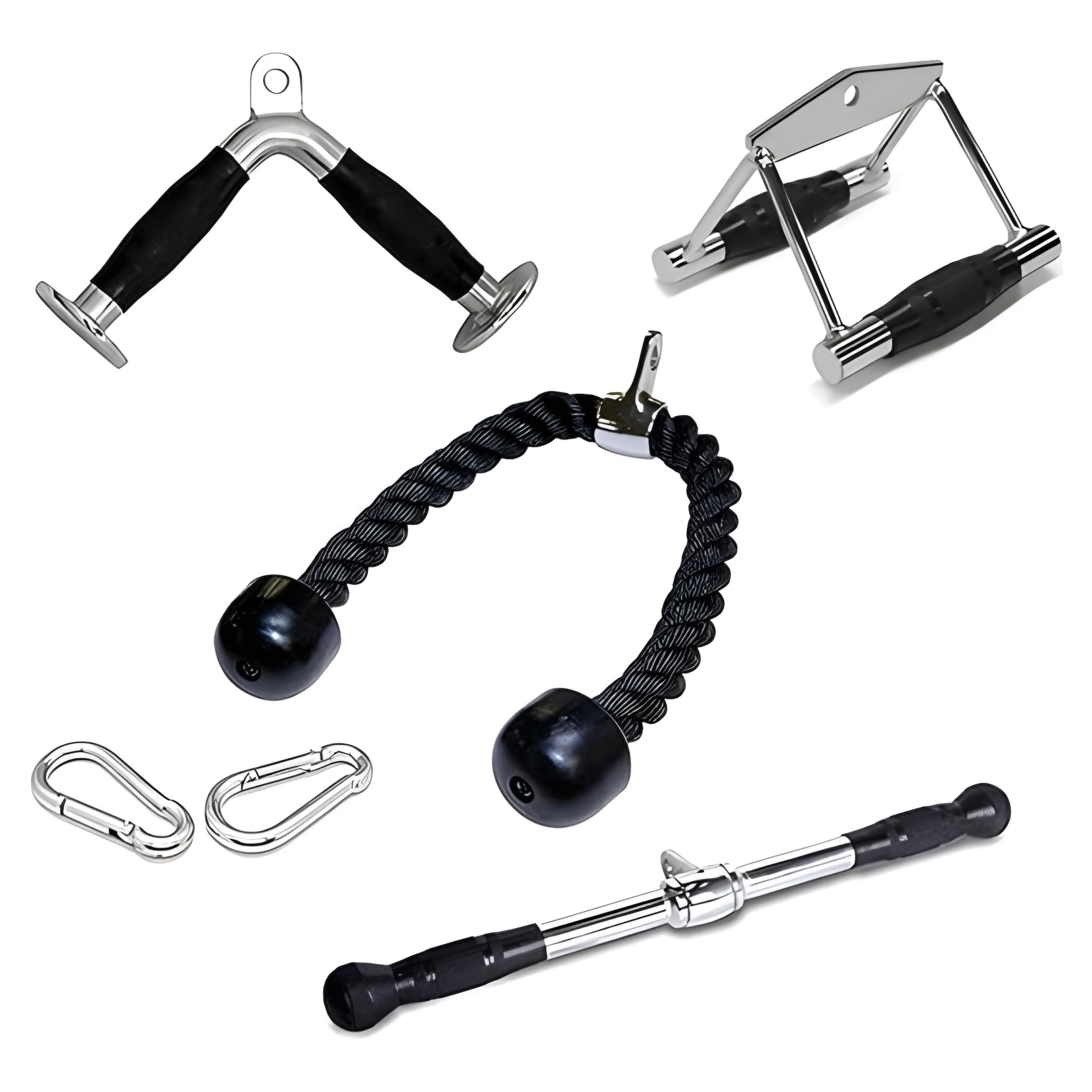 Zipzell® Sports Gym Cable Machine Attachments Set, 5-Piece Combo with Tricep Rope, V-Handle, Straight Bar, Rowing Bar, Snap Hooks-image-47