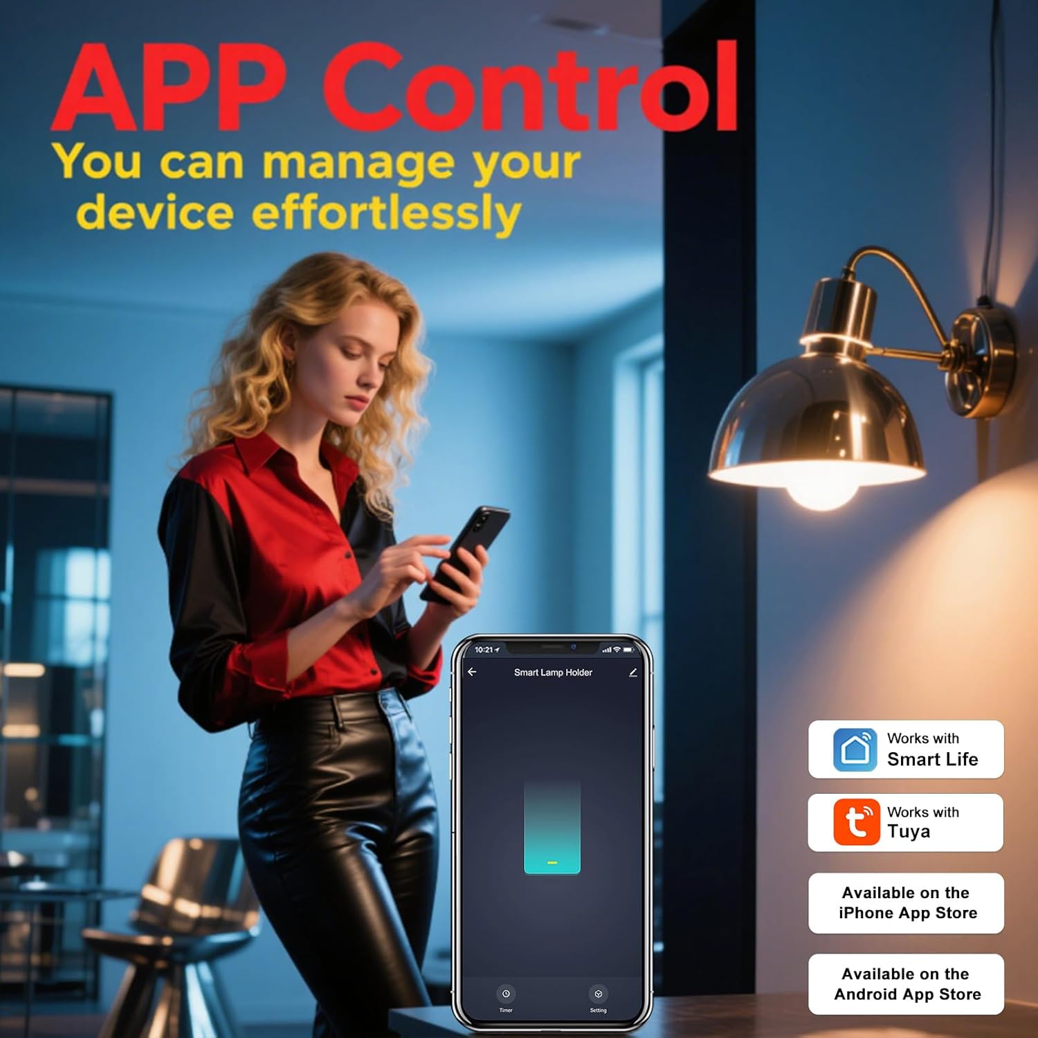 Woman using a smartphone to control a smart lamp holder via the Smart Life app.