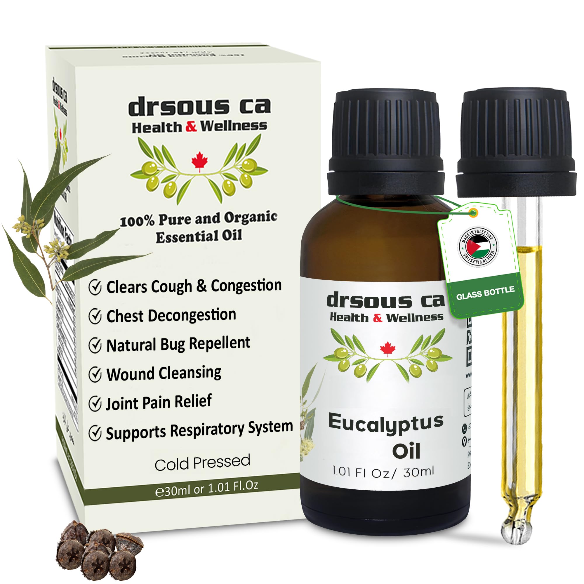 Drsous Ca Organic Eucalyptus Oil for Diffuser 30ml | 100% Pure and Natural Cold Pressed Eucalyptus Essential Oil for Aromatherapy, Skin care, and Muscle Relief | Made in Palestine