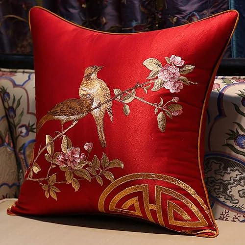 Miniatura 6 de Funda de almohada de satén sedoso de seda sintética bordada con patrón de escena de flores de pájaro estilo chino funda de cojín para sofá, color