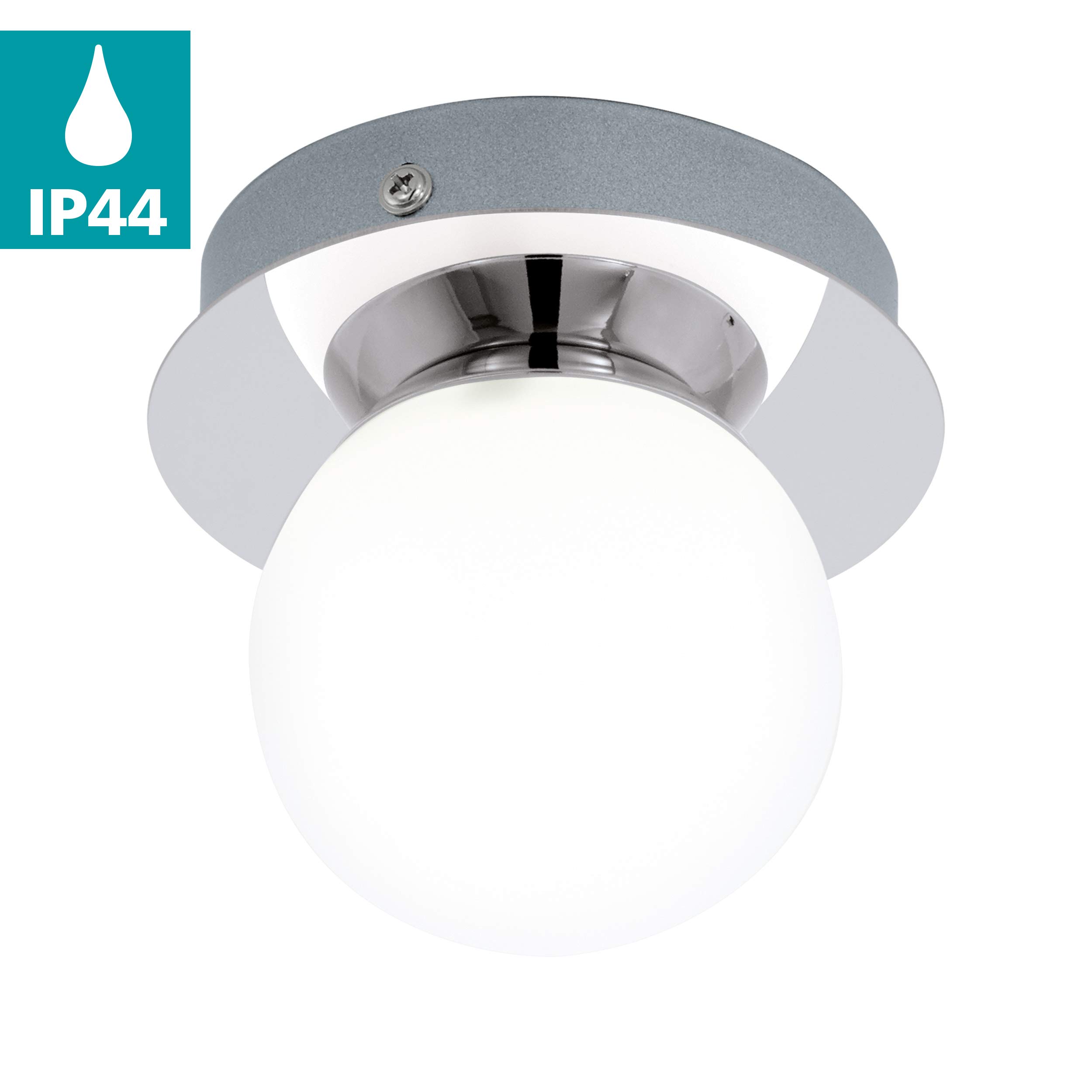 Eglo LED Plafonnier Mosiano, Applique murale salle de bain, Lampe de salle | de bain en acier inoxydable chromé et verre opalin mat blanc, LED pour pièces humides lumière blanc chaud, IP44, Ø 11 cm