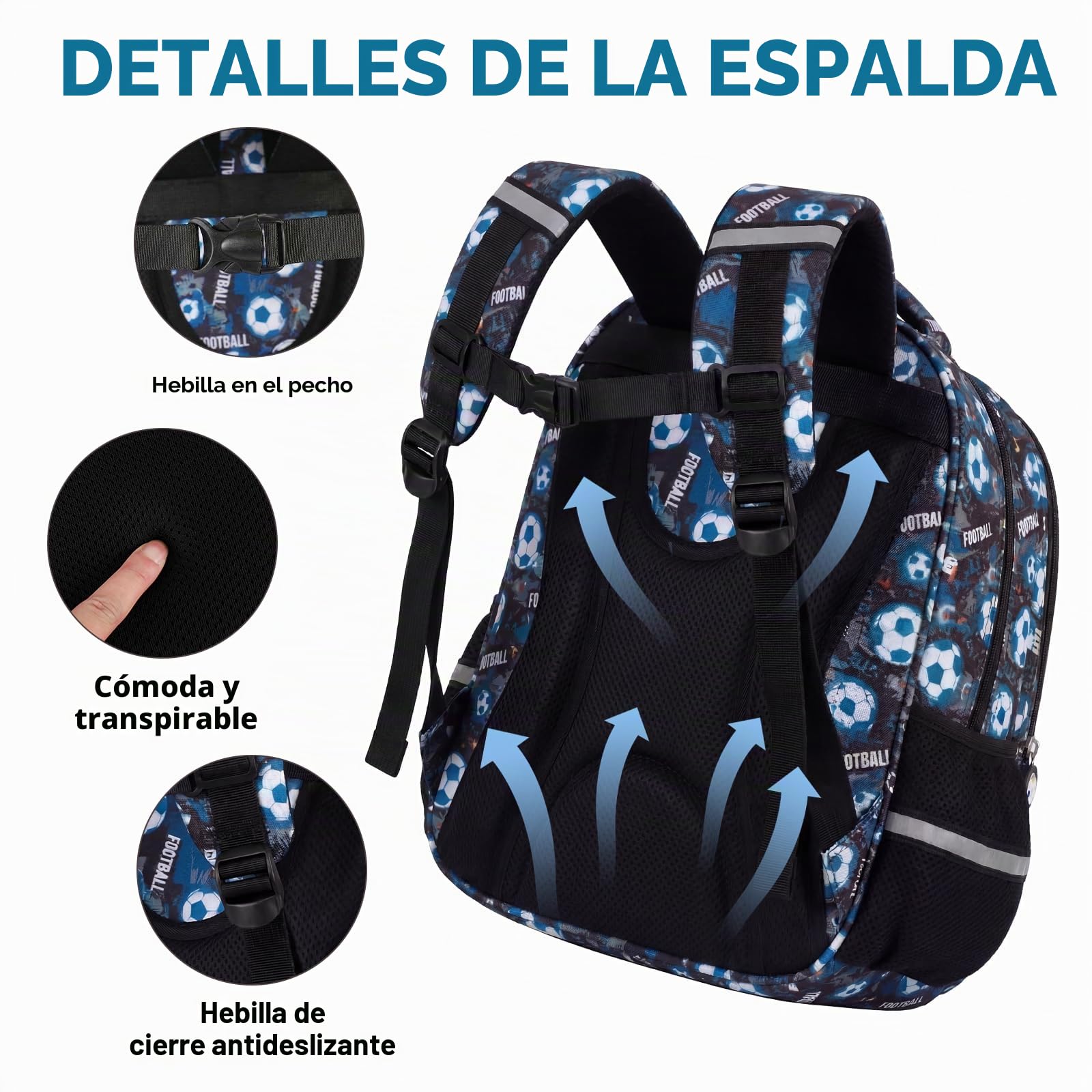 Amythe Mochila Escolar Niños Clases de 1 a 5 Transpirable, Balón de fútbol | Grande Reflectante Impermeable Correa Pectoral Balón de fútbol Daypack Multi-Bolsillos Espacioso Resistente para Colegio